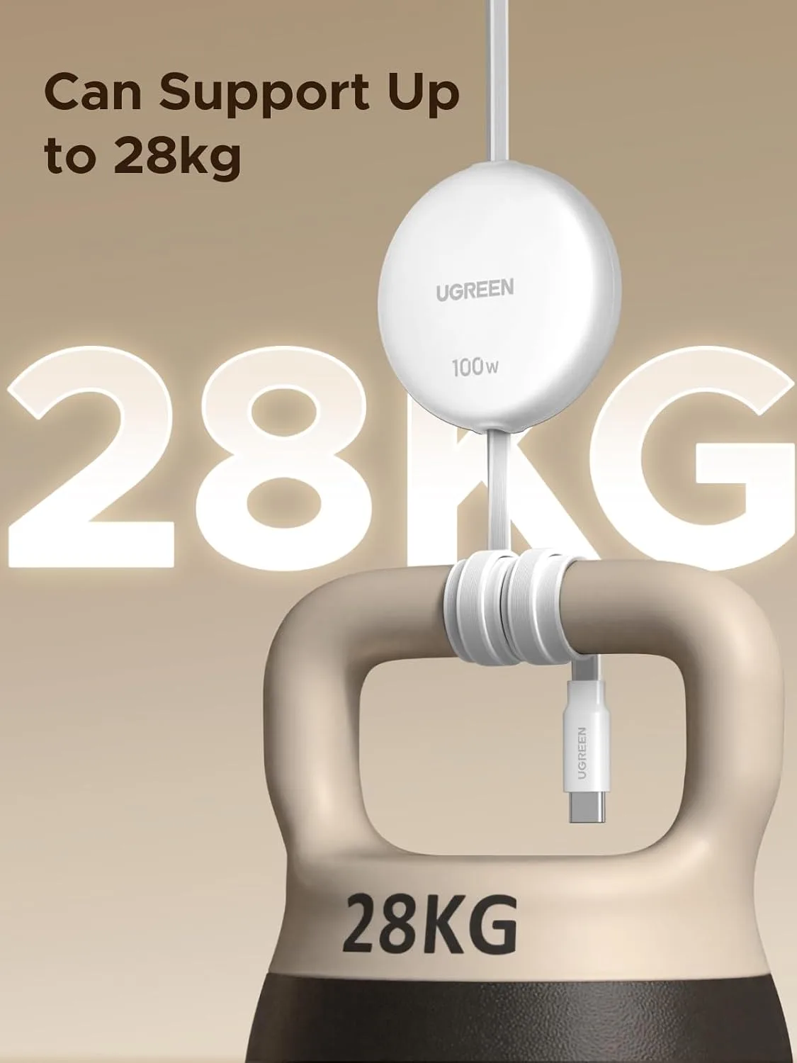 UGREEN 100W Retractable USB C Cable, Fast Charging, White, 3.3ft