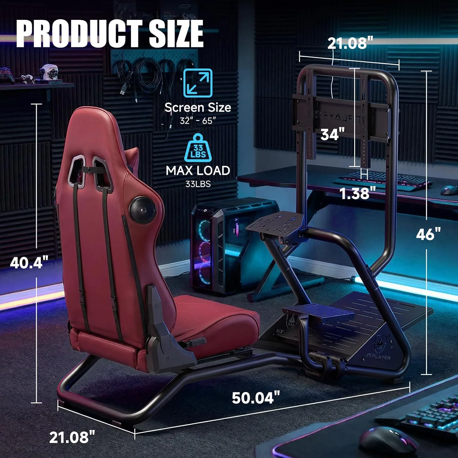 GTPLAYER Racing Simulator Cockpit with Monitor Stand and Seat and Bluetooth Speakers, Racing Style Reclining Seat and Ultra-Sturdy Alloy Steel Frame Racing Wheel Pedals NOT Included, Winered