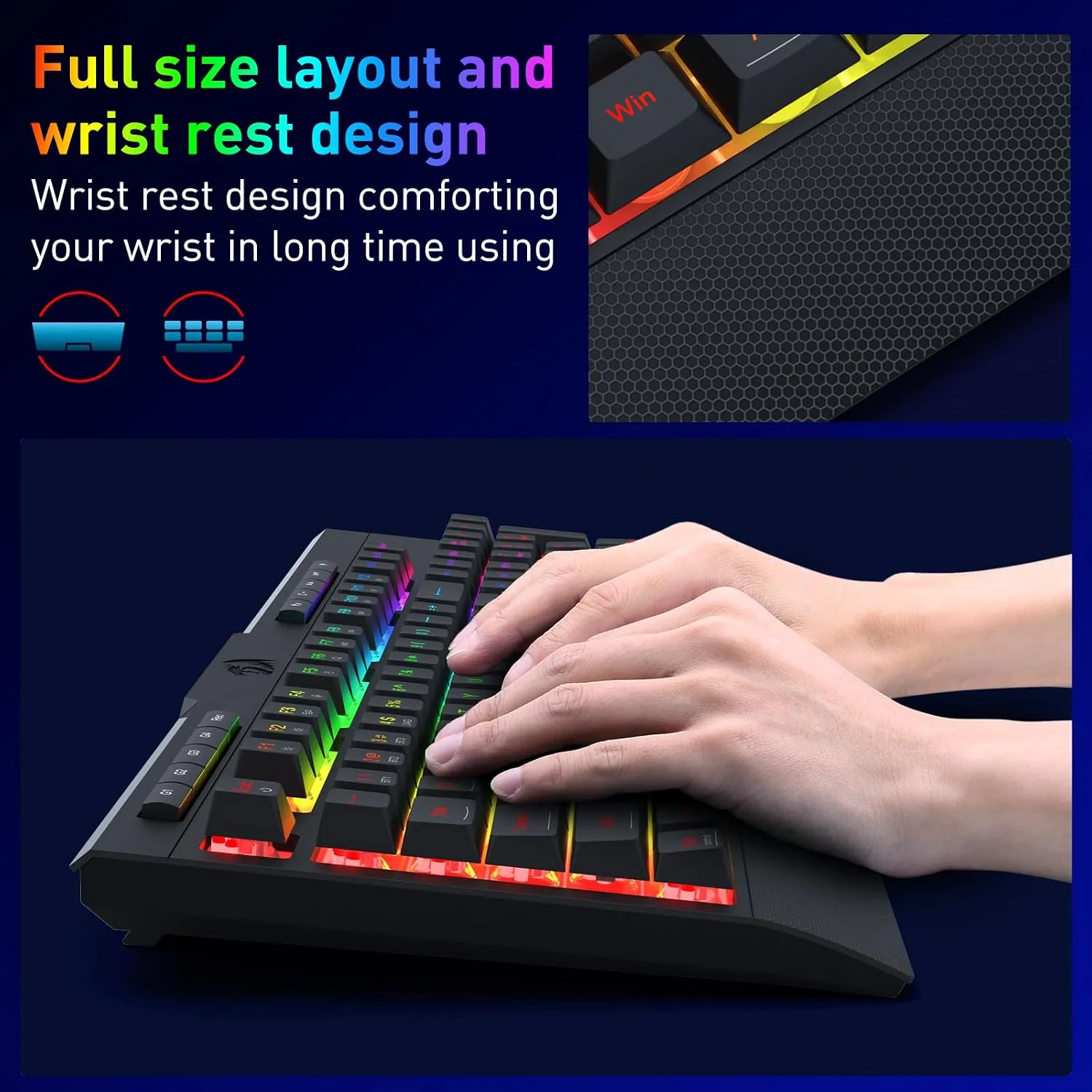 Redragon K525 PRO RGB 3-Mode Wireless Membrane Gaming Keyboard with Multimedia Keys, Linear Mechanical-Feel Switch, 4 Extra On-Board Macro Keys, Dedicated Media Control, Ergonomic Wrist Rest