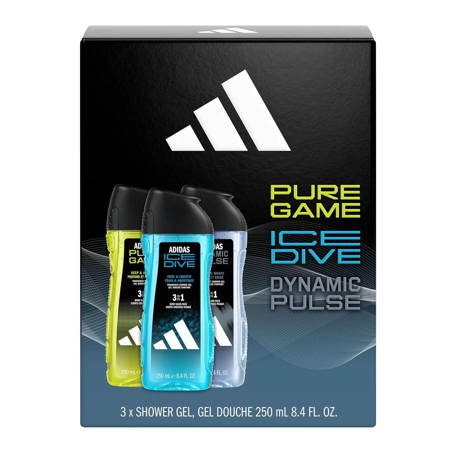 adidas Giftset a Pure Game, Ice Dive and Dynamic Pulse Shower Gel (3x 250ml, 8.4fl oz.), for Him, Notes of Rosemary, Lemon, Peppermint, and Grapefruit, Men's Fragrance, Long Lasting, Sporty Fragrance