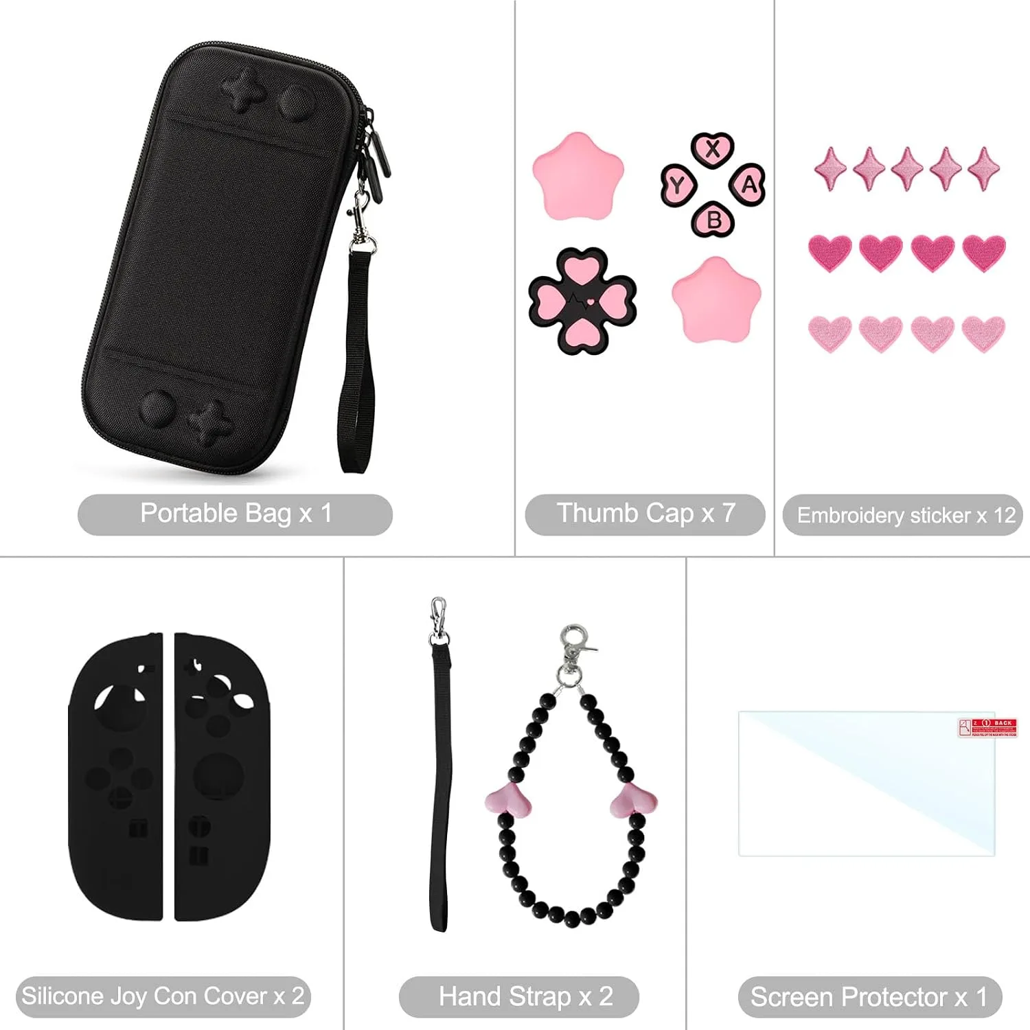 Cute Travel Carrying Case for Switch 2 2025 with Silicone j-con Covers, Thumb Grip Caps, Screen Protector, Love Heart Strap and Embroidery stickers for Girls Women, Black