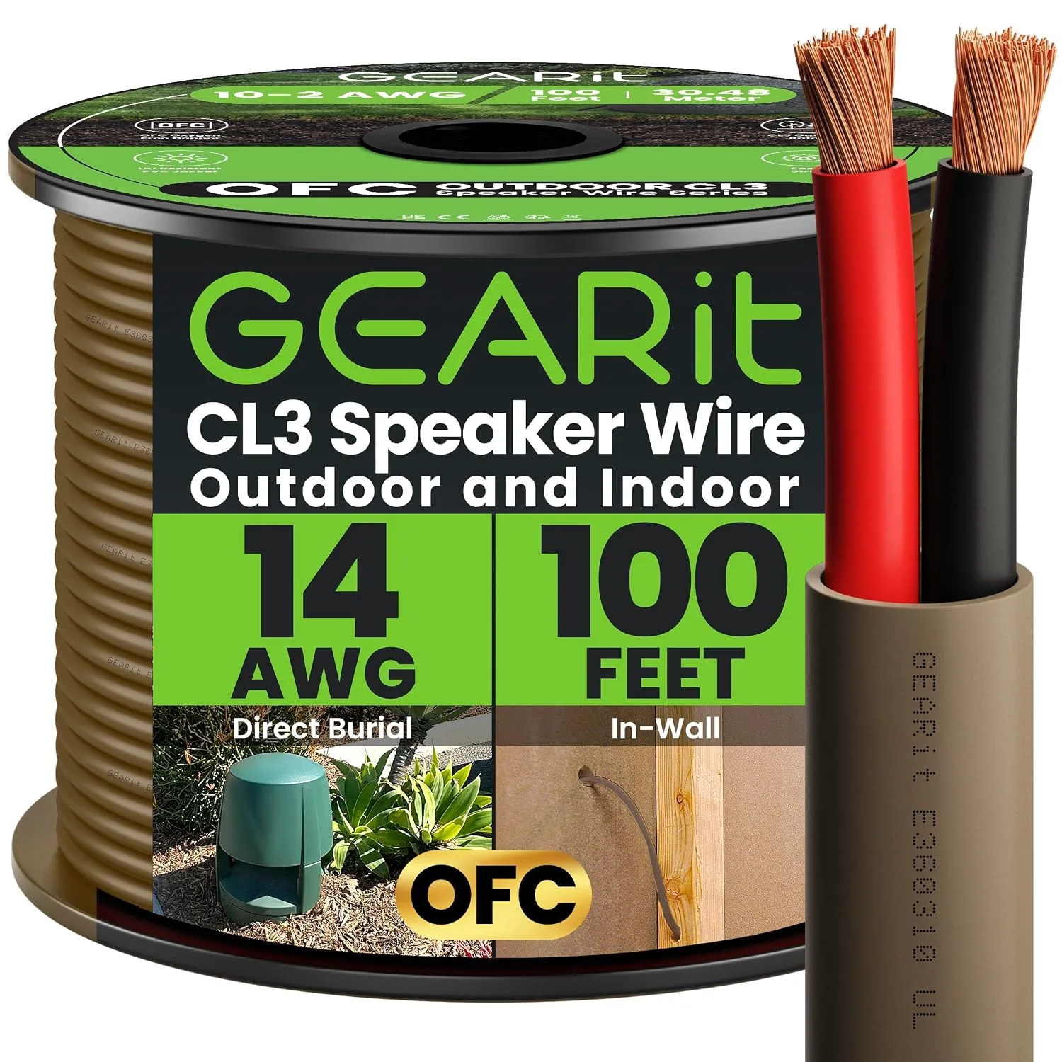 GEARit 14 Gauge OFC Speaker Wire 100 ft,Outdoor Speaker Wire UL CL3 Rated