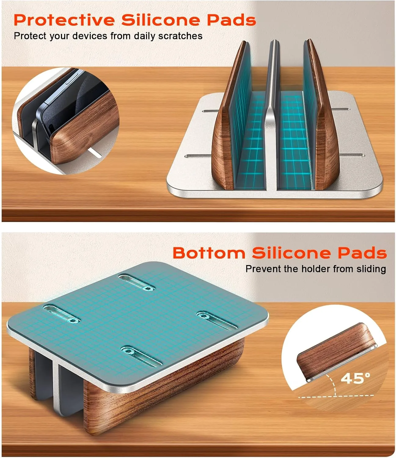 JCZT Vertical Laptop Stand, Walnut Dual Laptop Holder, Silver