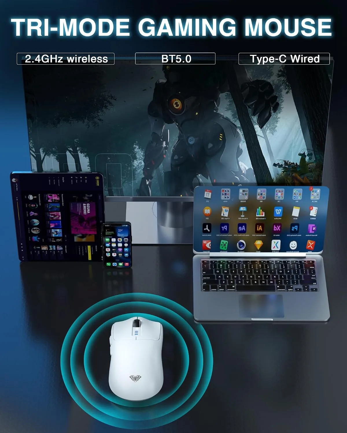 AULA SC580 Wireless Gaming Mouse, Tri-Mode White Gaming Mice & 12000 DPI