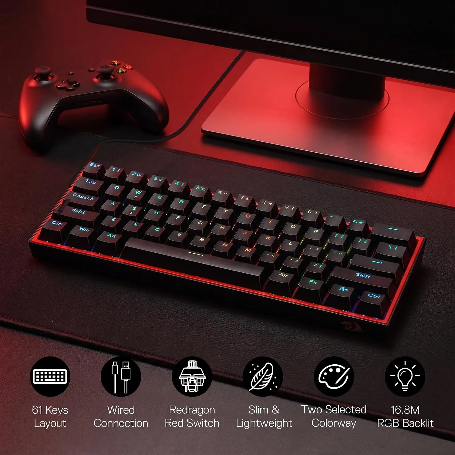 Redragon CB201 Gaming Keyboard & Mouse Combo, 61 Keys K617 Wired RGB Gaming Keyboard and 8000 DPI Wired M612 Gaming Mouse Bundle, Black