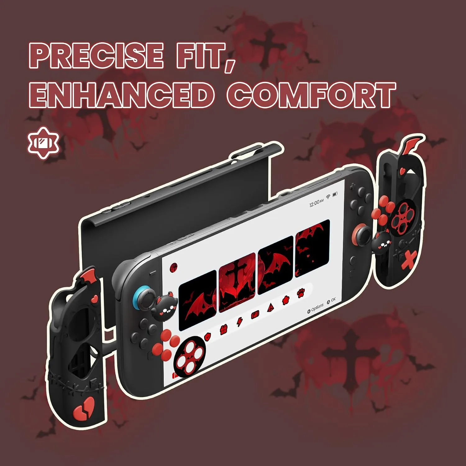 playvital Protective Case for Nintendo Switch 2, Kawaii Gothic Imp Series Silicone Grips + Dockable Hard Case Shell for Switch 2 with Thumb Grips & Sticker, Shockproof Protection Cover - Black