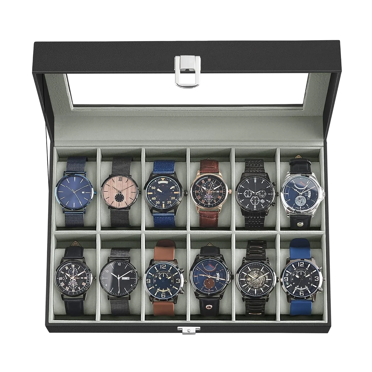 SONGMICS Watch Box, 12-Slot Watch Case Organizer with Large Glass Lid, Removable Pillows, Gift for Loved Ones, Black Synthetic Leather, Gray Lining UJWB12BK