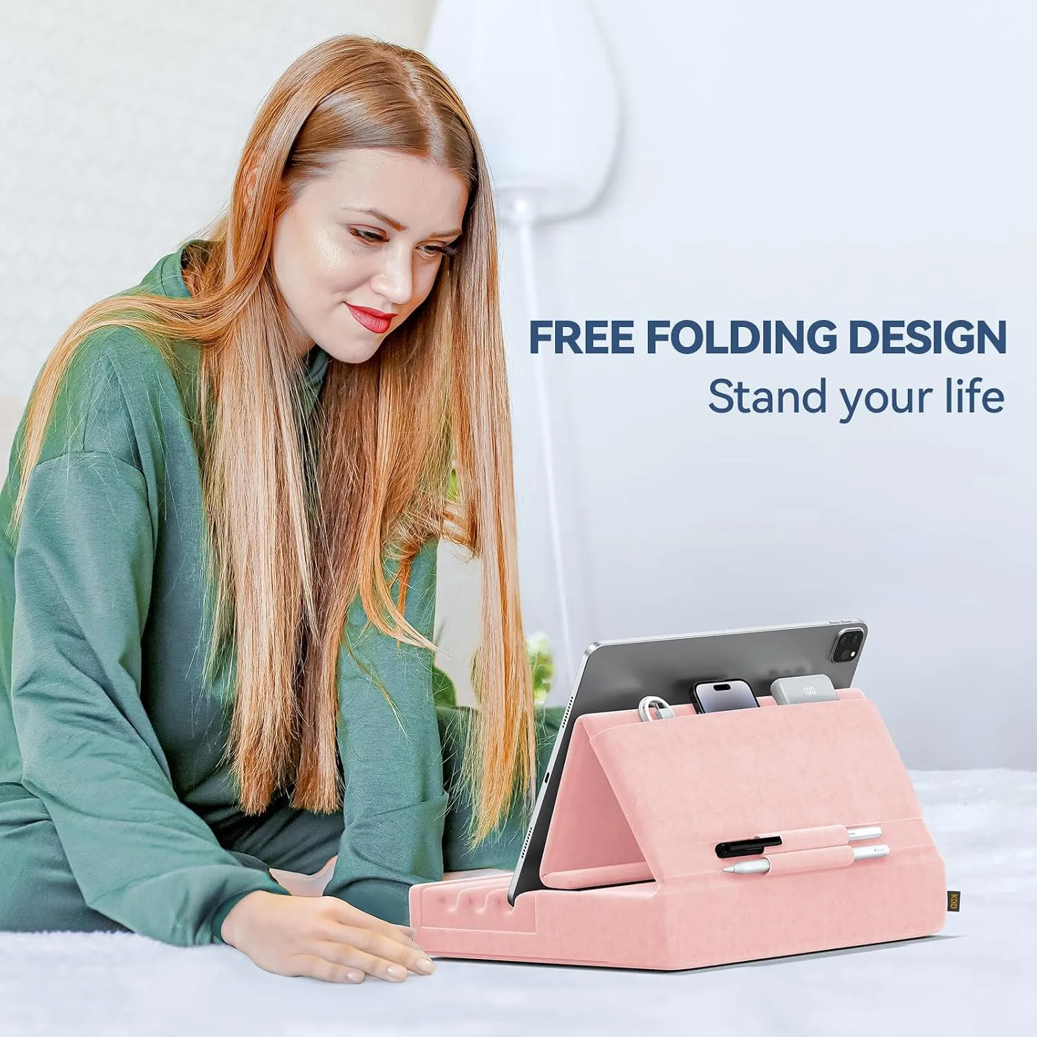 KDD Tablet Pillow Holder, Foldable iPad Stand for Lap, Bed and Desk -Tablet Soft Pad Dock with Pocket & Stylus Mount Compatible with iPad Pro 12.9, 10.5, 9.7 Air Mini 6 5 4 3, Galaxy Tab, E-Reader