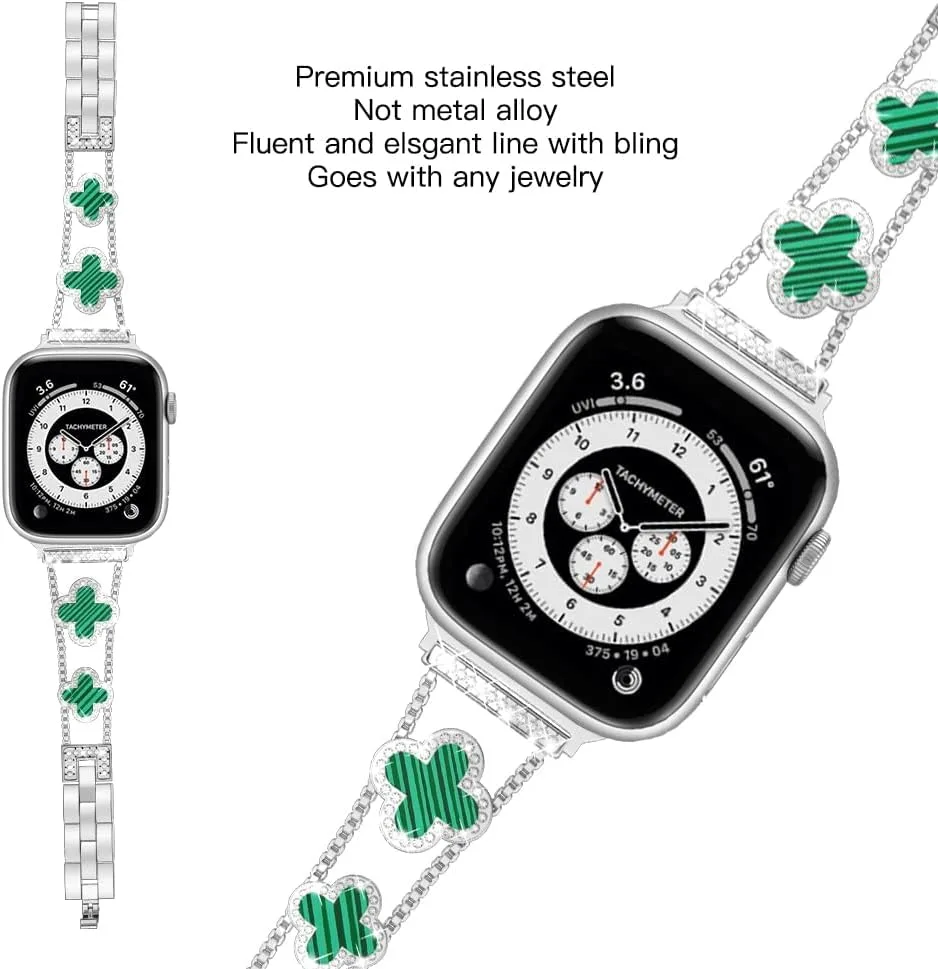 Musk-MSKR Diamond Metal Bands Add Sparkle to Your Watch For Apple Watch Series 12/11/10/9/8/7/6/5/4/3/2/SE/Ultra Clover Simple and Stylish Compatible with 38mm40mm41mm42mm44mm45mm 46mm49mm Women's Wear