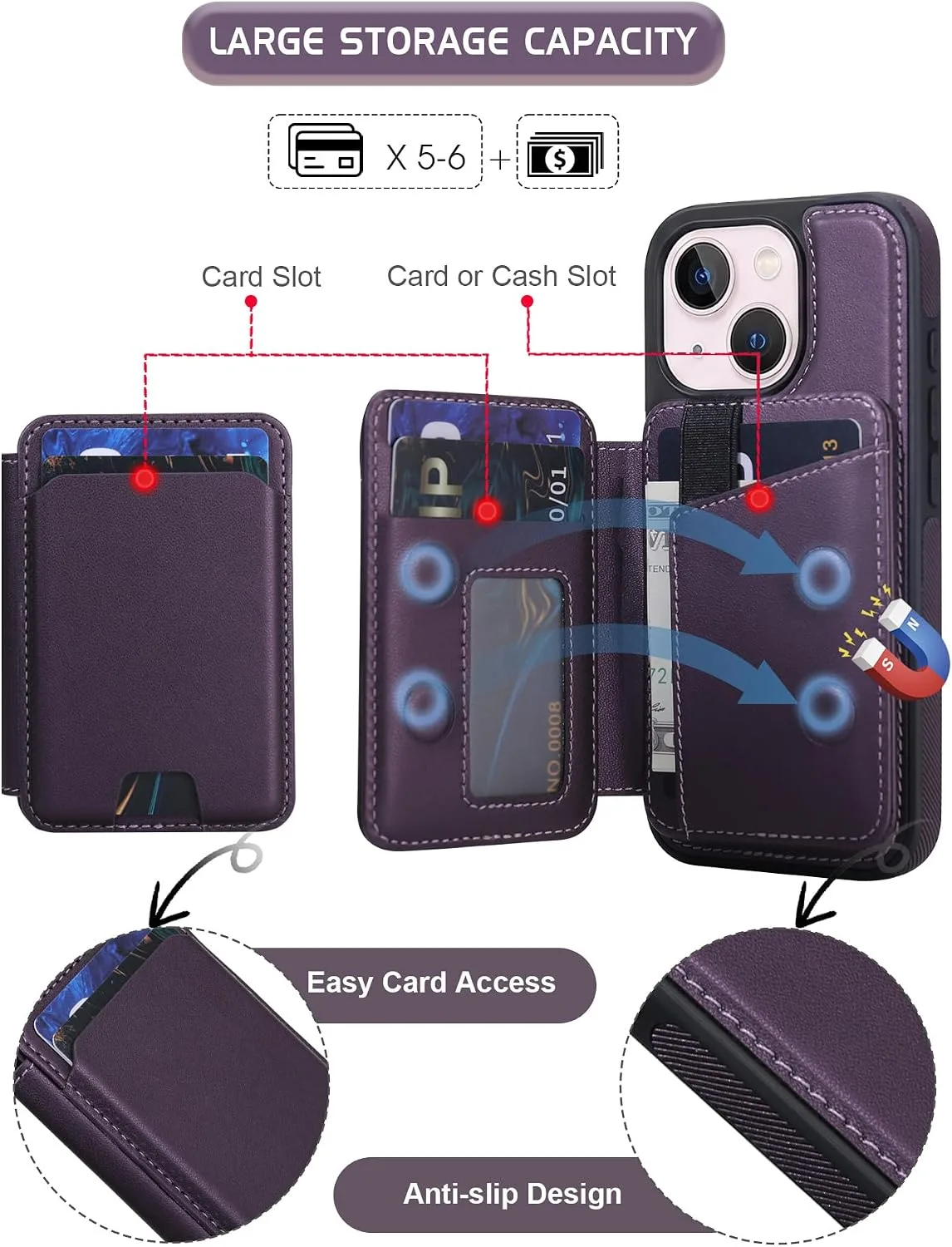 Magnetic Detachable Wallet Case for iPhone 15 with Kickstand,2-in-1 MagSafe Compatible RFID Blocking Card Holder,Slim PU Leather Cover Purple