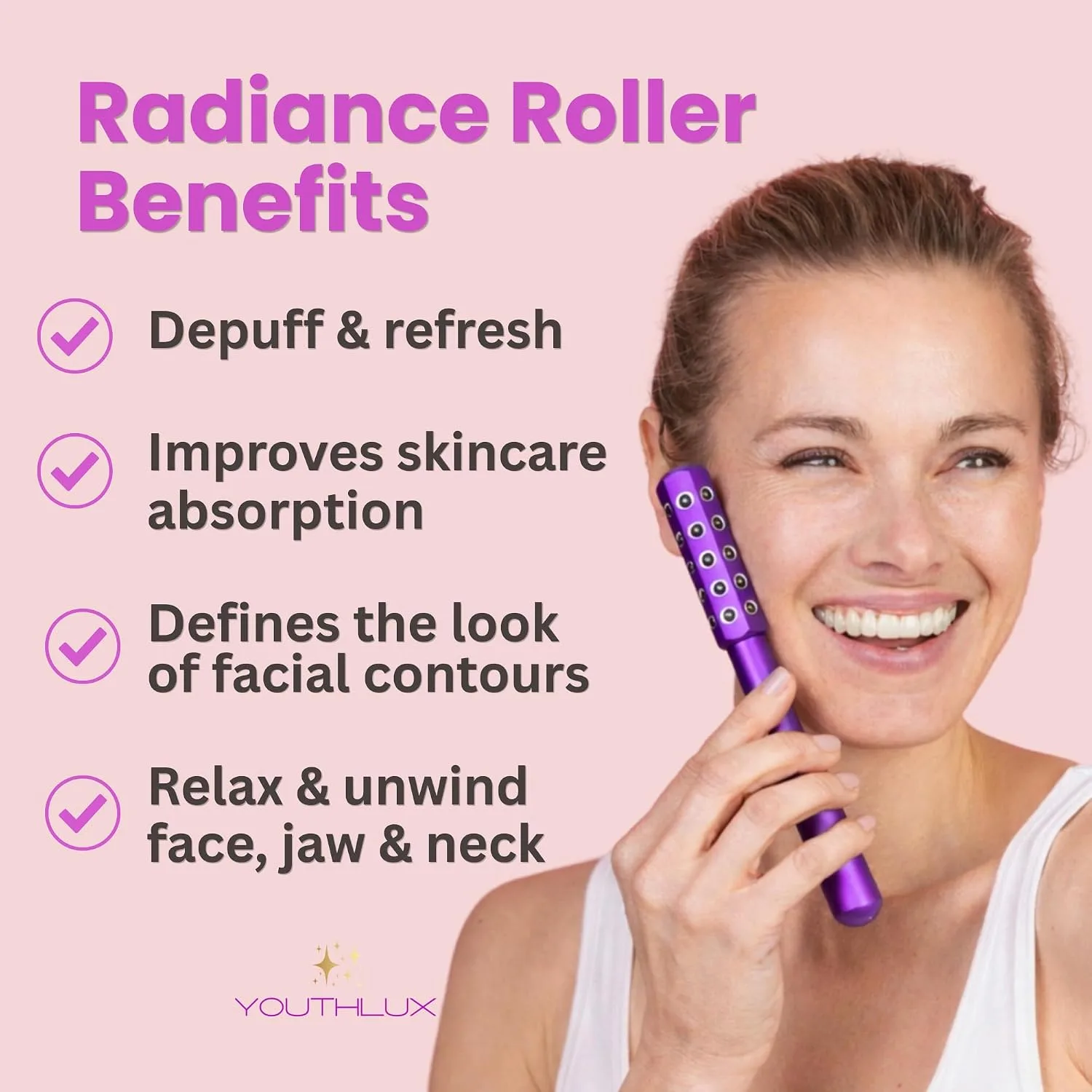 Radiance Roller – Germanium Stone Facial Massage Tool/Wand Face Roller for Lifting, Sculpting, De-Puffing, Glow Boost, Energizing & Cooling Effect (Purple)