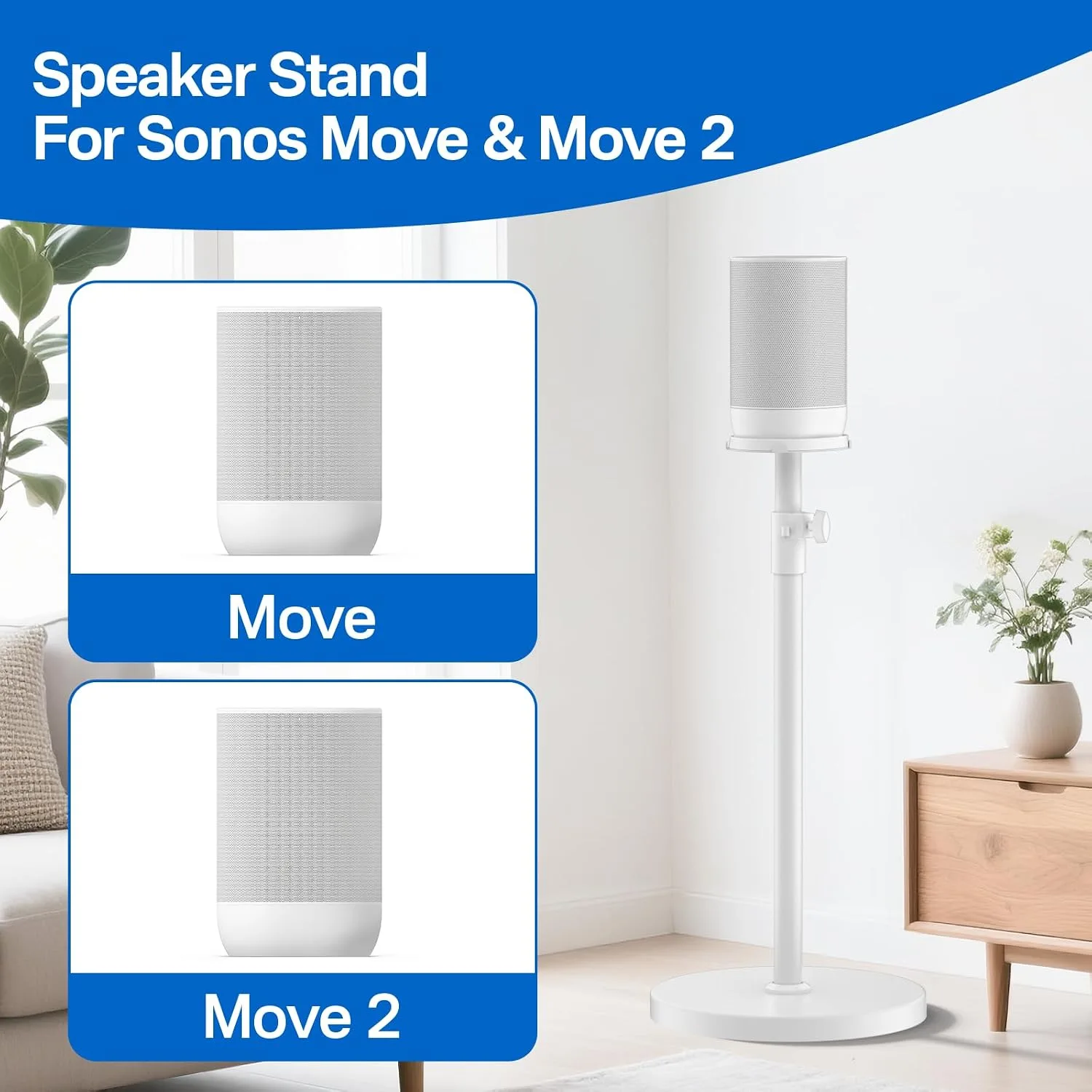 Height-Adjustable Speaker Stand for Sonos Move Stand, Heavy-Duty Floor Stand for Sonos Move & Move 2 with Concealed Power Cord Design, Easy Installation, White