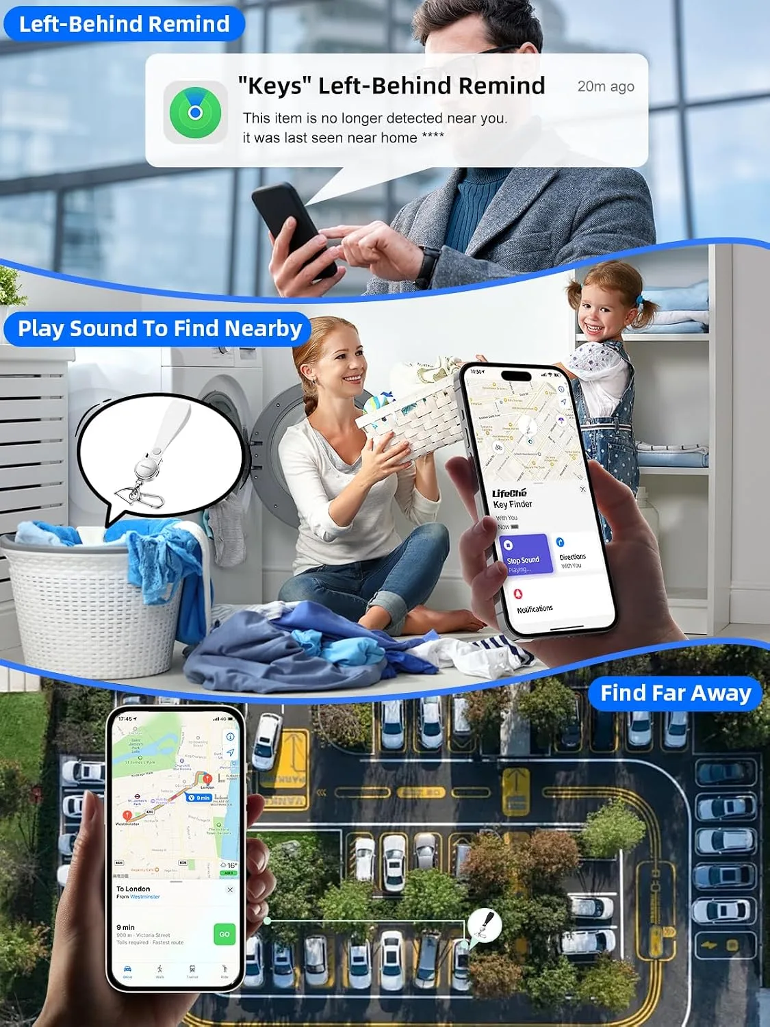 Find My Key Finder, Stainless Steel Keychain, Rechargeable Tracker