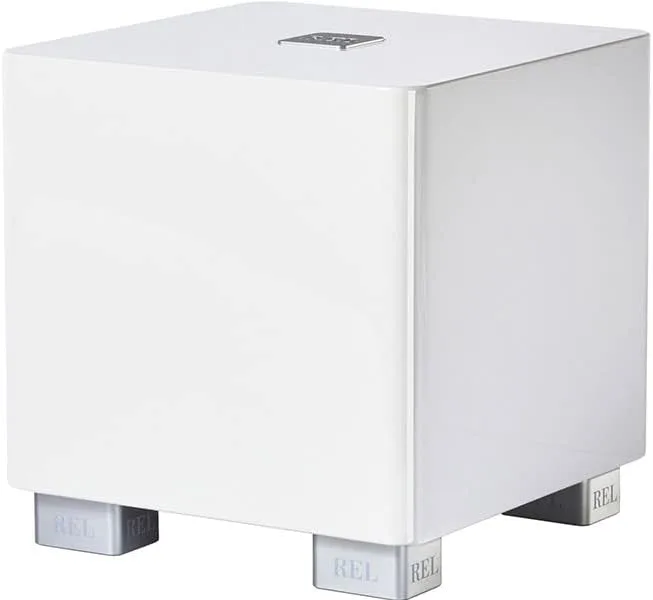 REL T/5x 8-Inch Powered Subwoofer – Compact Sealed Design with Class AB Amplifier, RCA Inputs, and Powerful Bass for HiFi Stereo Systems, Home Theater, and Surround Sound – High Gloss White Finish