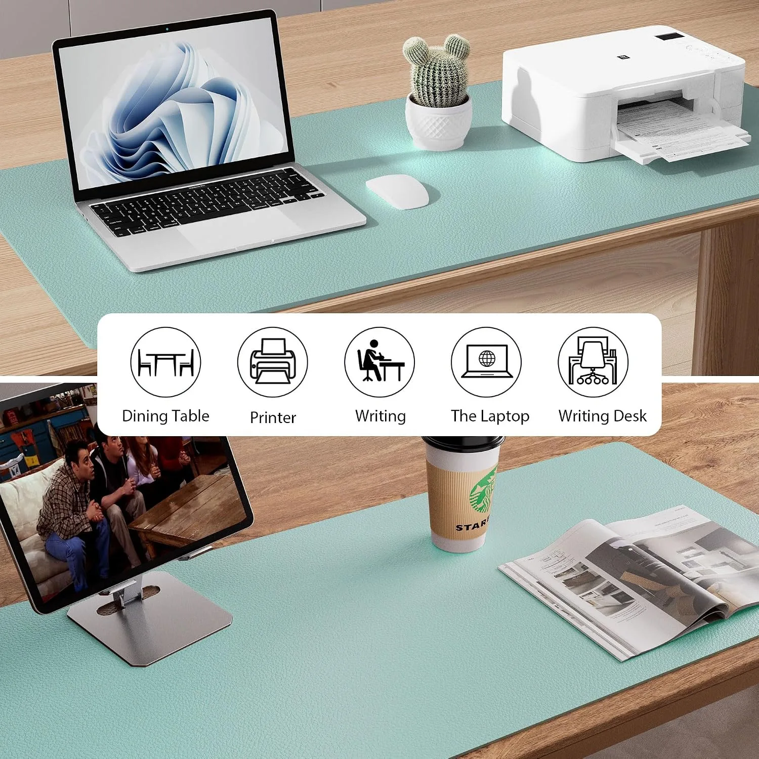 Aothia Leather Desk Pad Protector, Mouse Pad, Office Desk Mat, Non-Slip PU Leather Desk Blotter, Laptop Desk Pad, Waterproof Desk Writing Pad for Office and Home (23.6" x 13.7", Light Blue)