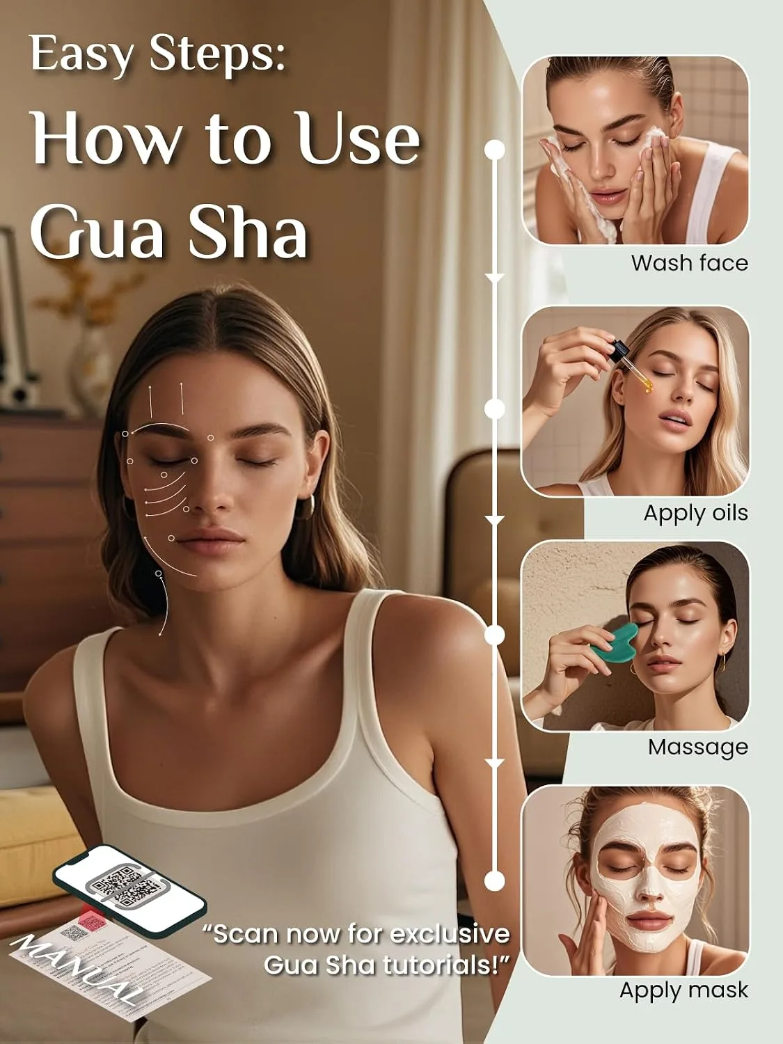 Rena Chris Gua Sha Facial Tools: Jade Stone Guasha Tool for Face Acupuncture Therapy, Facial Massager for Jawline Sculpting and Puffiness Reducing (Green)