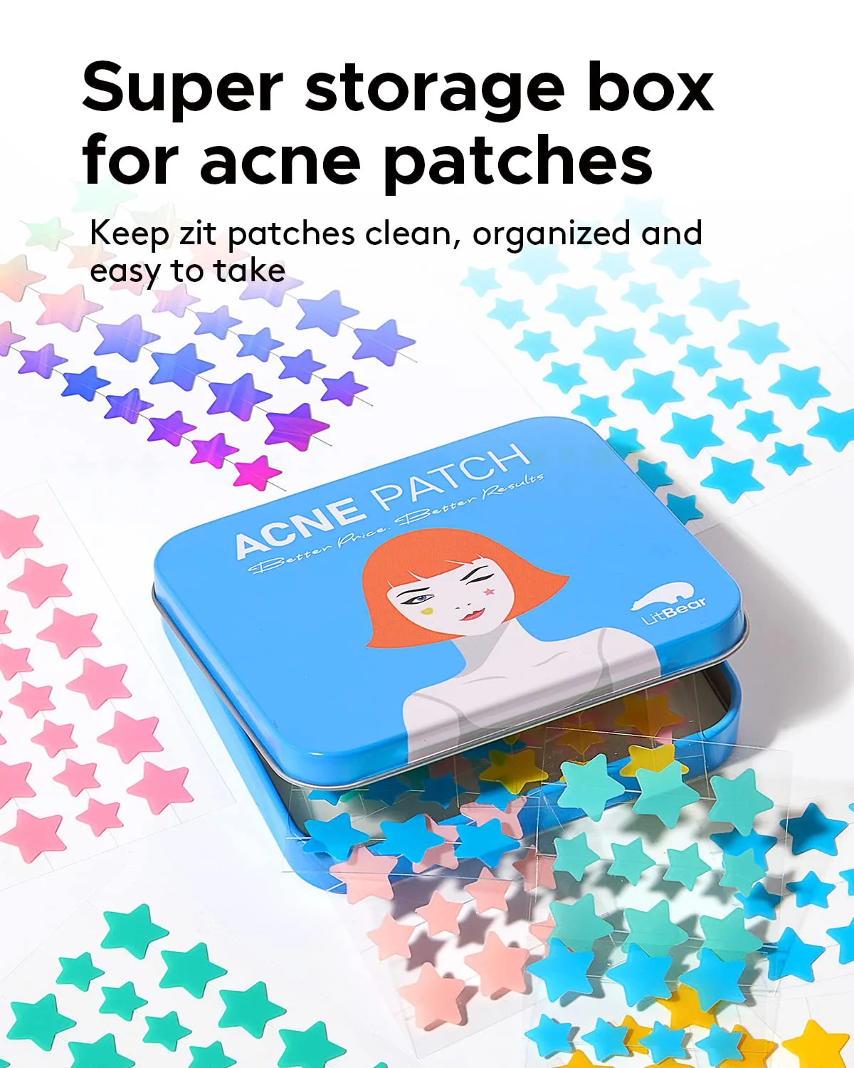 LitBear Star Pimple Patches, 6 Colors 168 Dots Acne Pimple Patch with Case & Tea Tree Oil, Hydrocolloid Acne Patches for Face Cute Zit Patches Pimple Stickers Acne Dots
