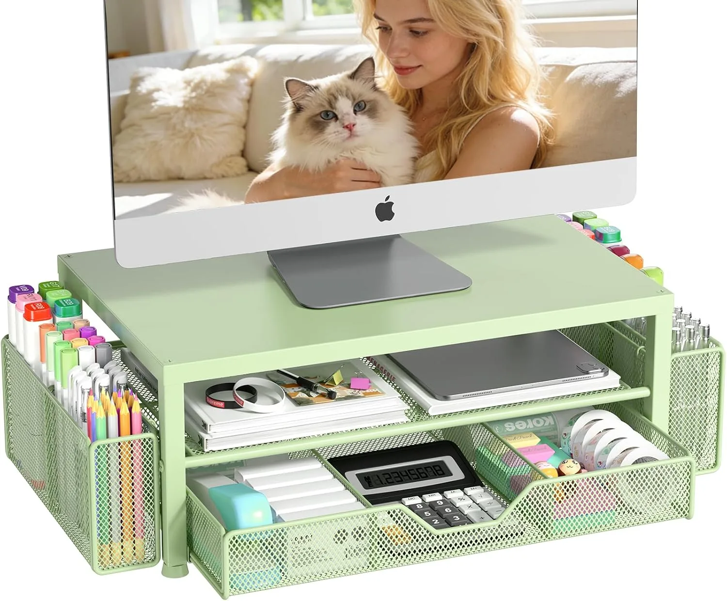 OPNICE Desk Organizer, Monitor Stand Riser with Drawer and 2 Pen Holders