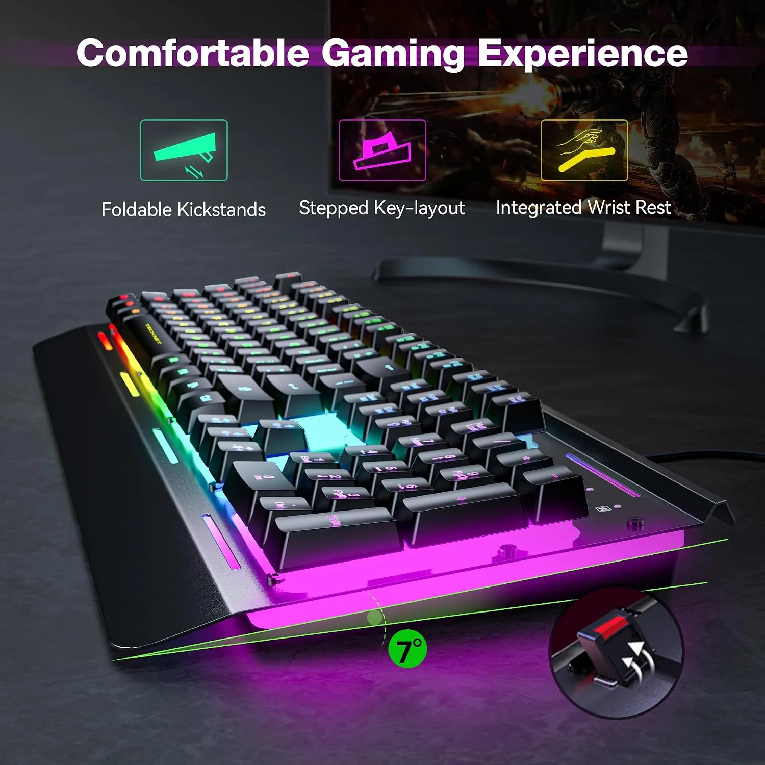 TECKNET Wired Gaming Keyboard, RGB Backlit Keyboard with Metal Panel Design