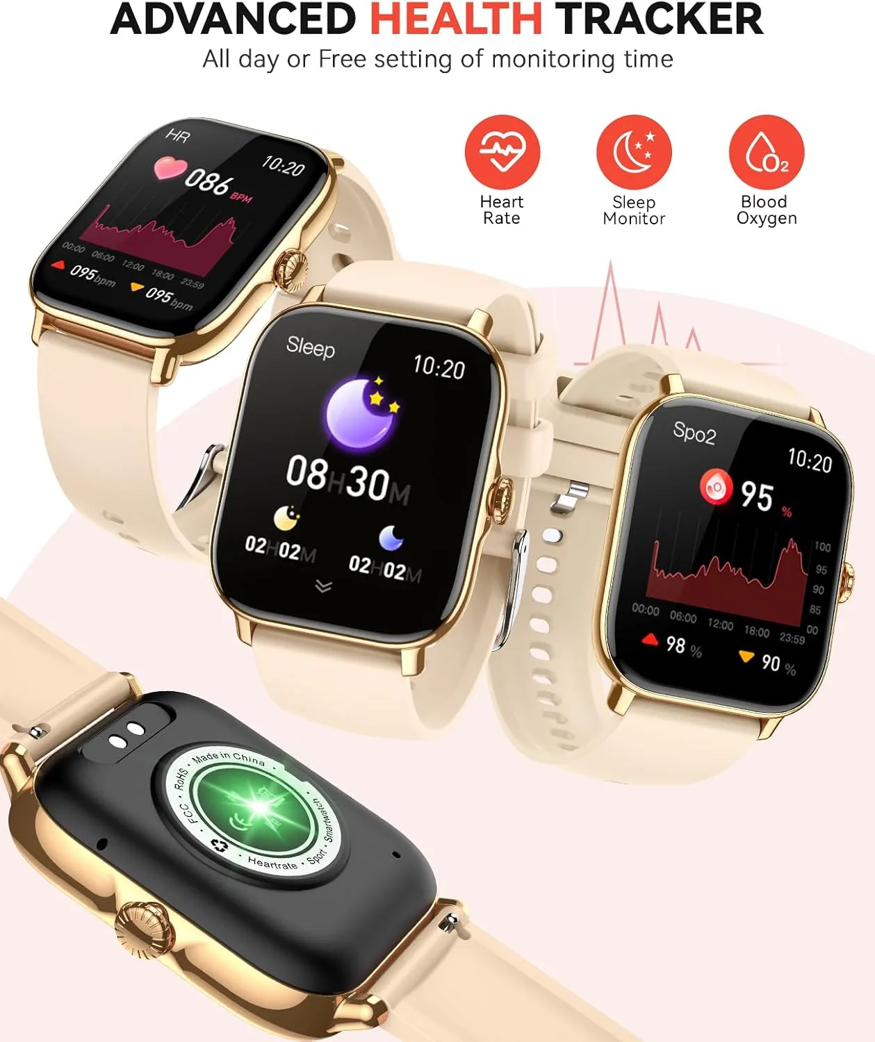 Smart Watch for Women Men- Answer/Make Call, IP68 Waterproof Fitness Step Tracker Watch with Sleep Monitor/Activity Counter/110+ Sport Mode, Smartwatch for Andriod iPhone Compatible, Gold