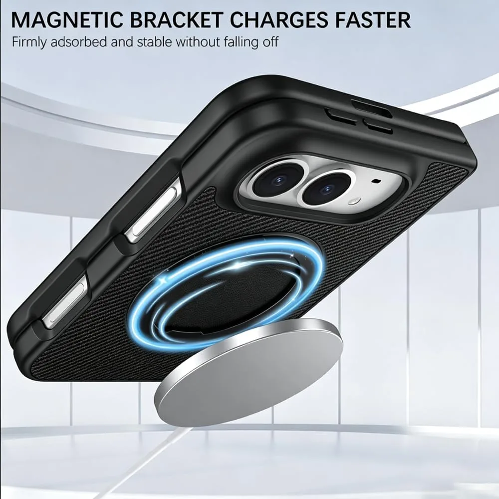 for iPhone Duo Case with Stand Compatible with MagSafe, Built-in Screen Protector & Kickstand & Hinge Protection, Carbon Fiber Texture Leather Shockproof Slim Phone Cover Black