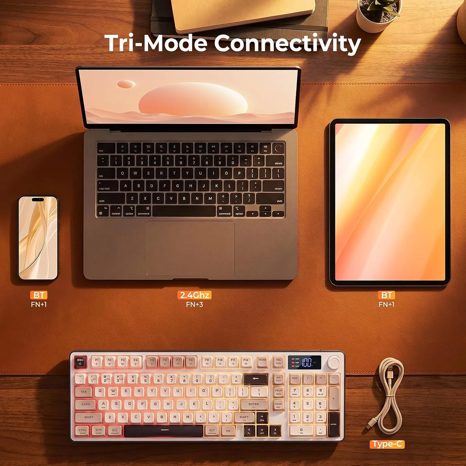 Redragon Wireless Gaming Keyboard, 98-Key Tri-Mode (BT/2.4G/Wired) RGB Computer Keyboard with Knob & Display, Fade-Resistant PBT Keycaps & 4000mAh Battery, Compatible with Windows/Mac - White Gray