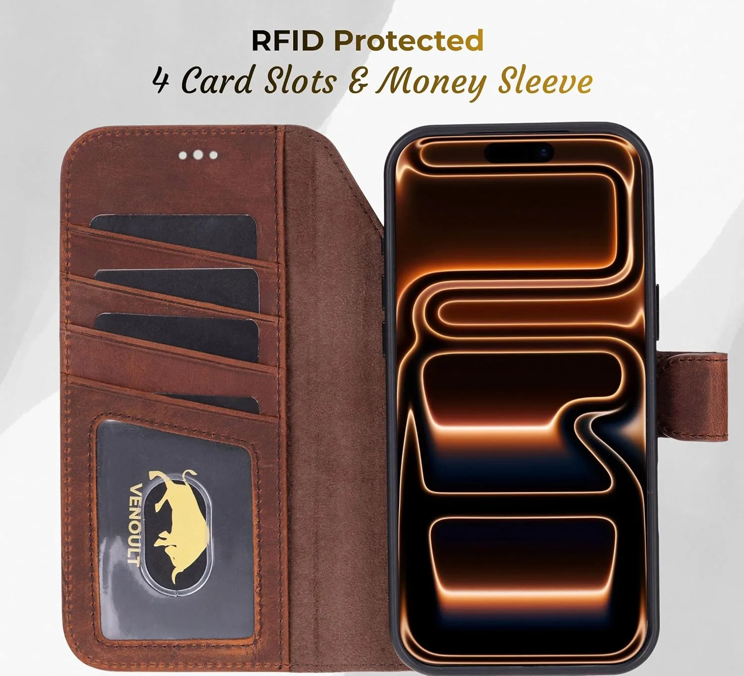 VENOULT Full Grain Genuine Leather Wallet Case for iPhone 18/17 Pro MAX