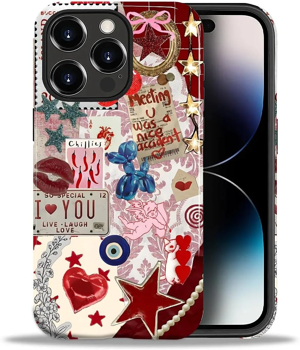 DAIZAG Case for iPhone 14 Pro Max,Mixed 2 Layer Design Shockproof Soft TPU Ddouble Protection Phone Case for iPhone 14 Pro Max-Conch Red Pearl Collage