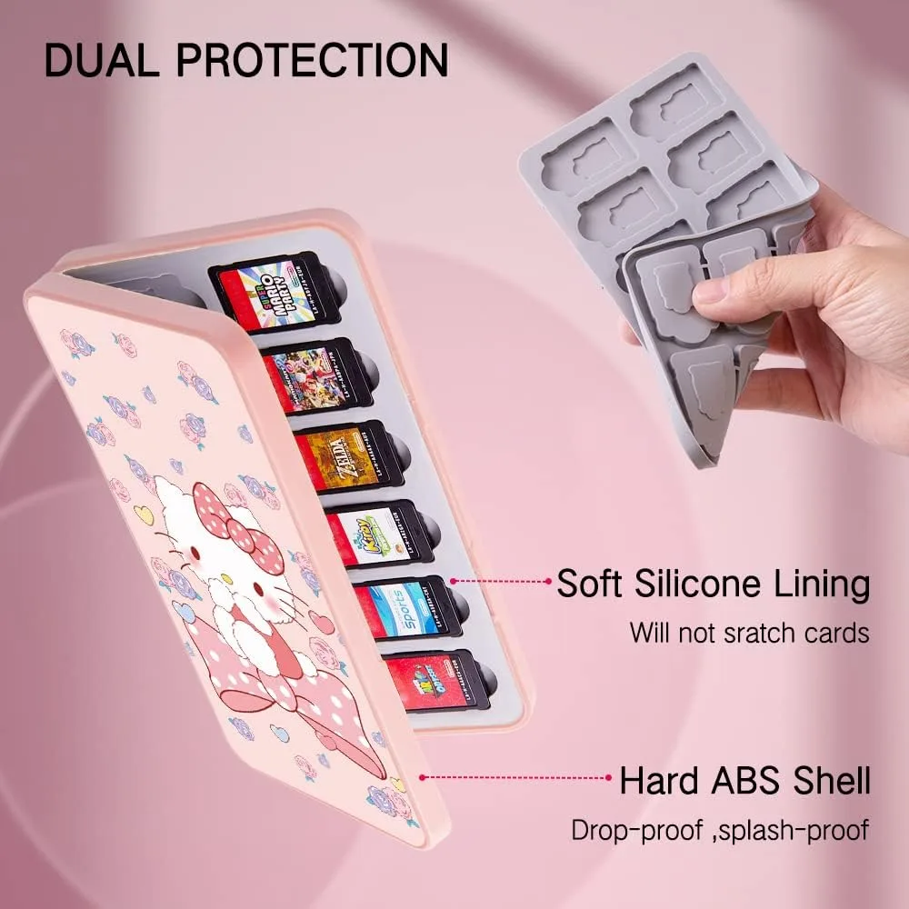 PERFECTSIGHT Cute Game Card Case for Nintendo Switch/ Switch Lite/ OLED, 24 Game Holder Cartridge Case for Game Cards and 24 SD Cards, Kawaii Portable Compact Storage Box (Rose Kitty, 24 Slots)