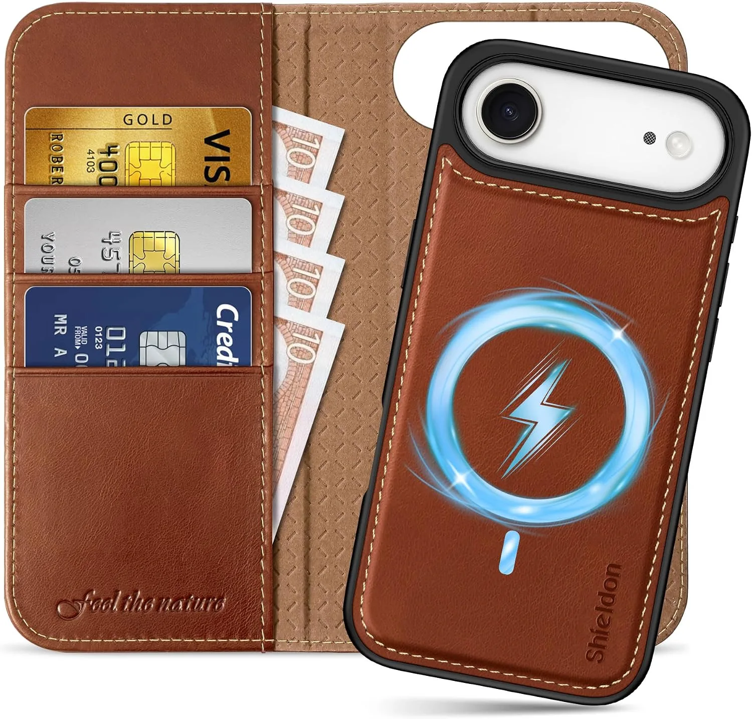 SHIELDON 2 in 1 Genuine Leather Wallet Case for iPhone Air, Retro Brown