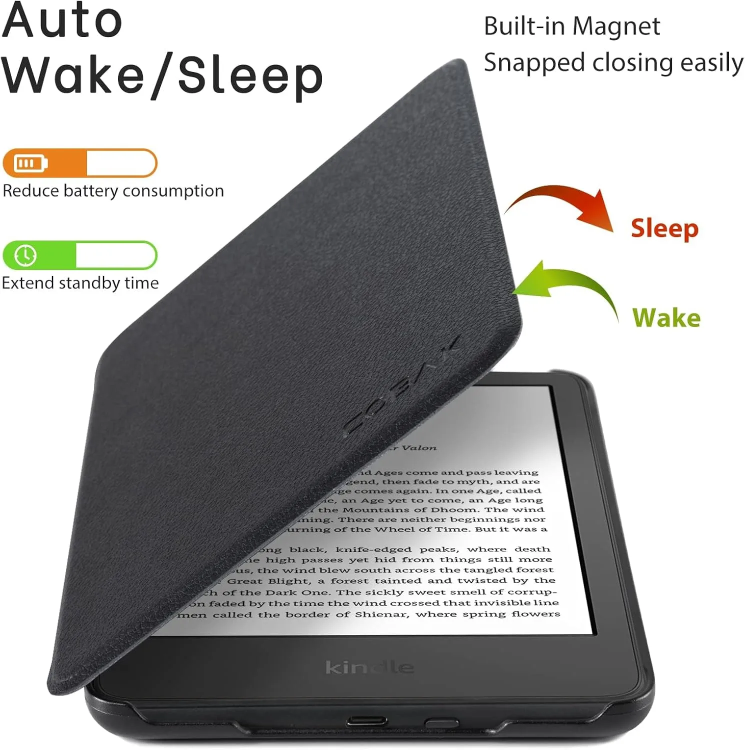 CoBak Case for All New 6 Inch E-Reader 2024 and 2022 (11 Generation) - PU Leather Smart Cover, Auto Sleep and Wake, not Compatible with Kobo Clara,Black Pebbled