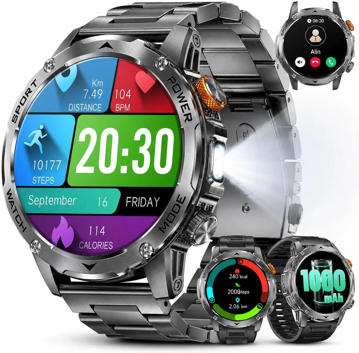 Smart Watch for Men with 1000mAh Battery/Flashlight, 1.75'' Military Smartwatch with 5ATM Waterproof/Heart Rate/Sleep Monitor,Answer Make Calls Fitness Tracker for Android iPhone Midnight