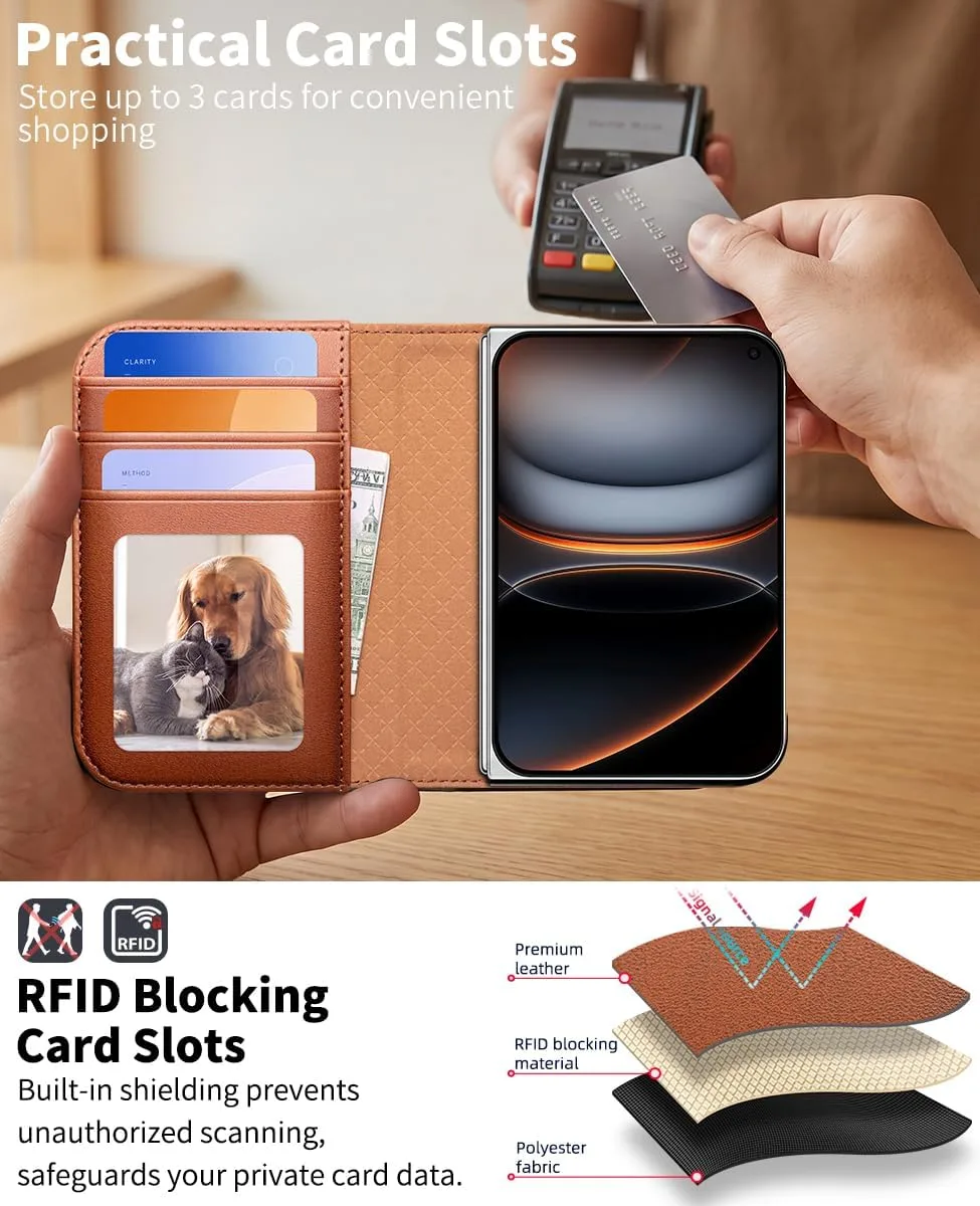 OCASE for iPhone Duo Wallet Case with Ring Stand, Card Holder, Brown
