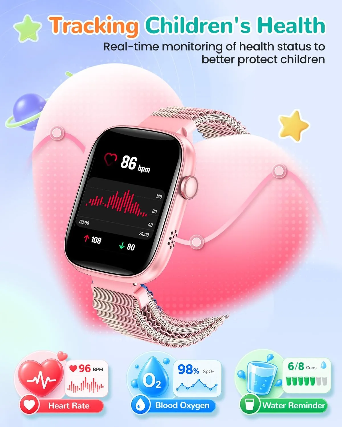 Kids Smart Watch No Phone Needed, 1.83" Smart Watch Fitness Trackers(Pink)