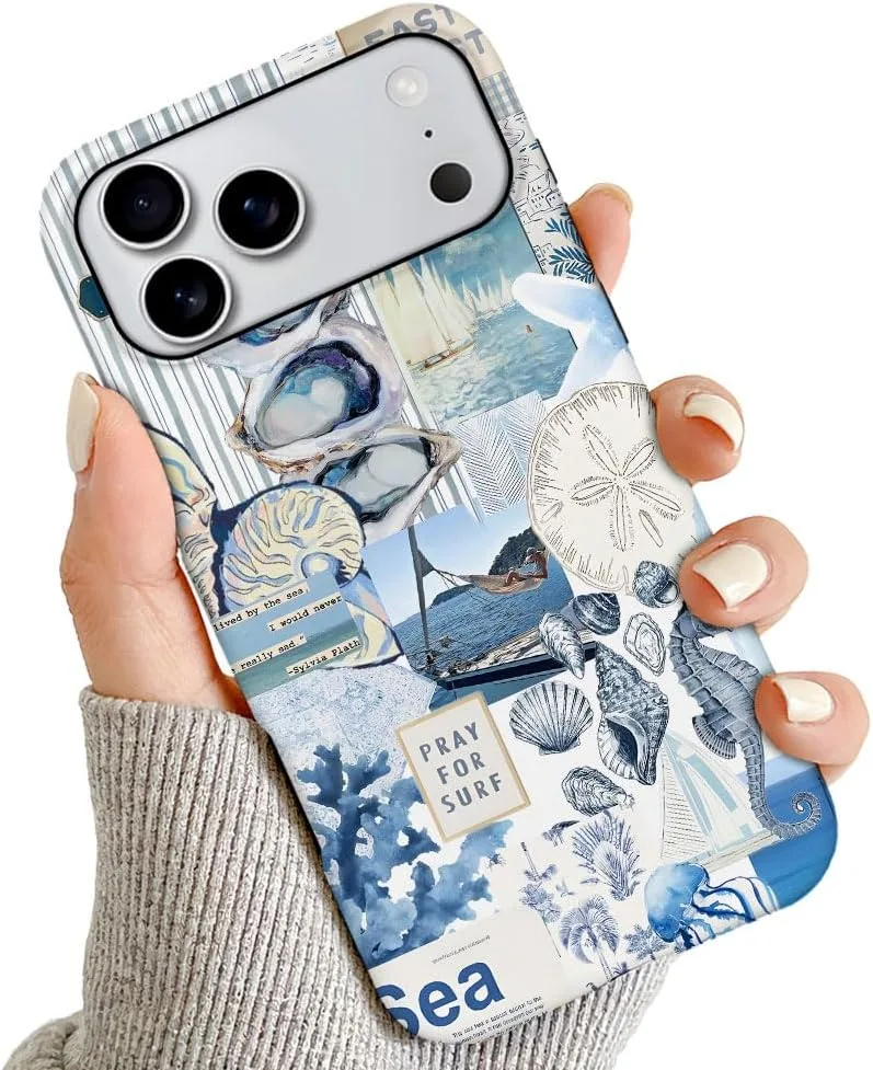 Case Compatible with iPhone 18 Pro Max/iPhone 17 Pro Max,Fall Prevention Hybrid 2-Layer Hard Shell Phone Cover for Girls Boys,Seashell Ocean Blue Retro Collage