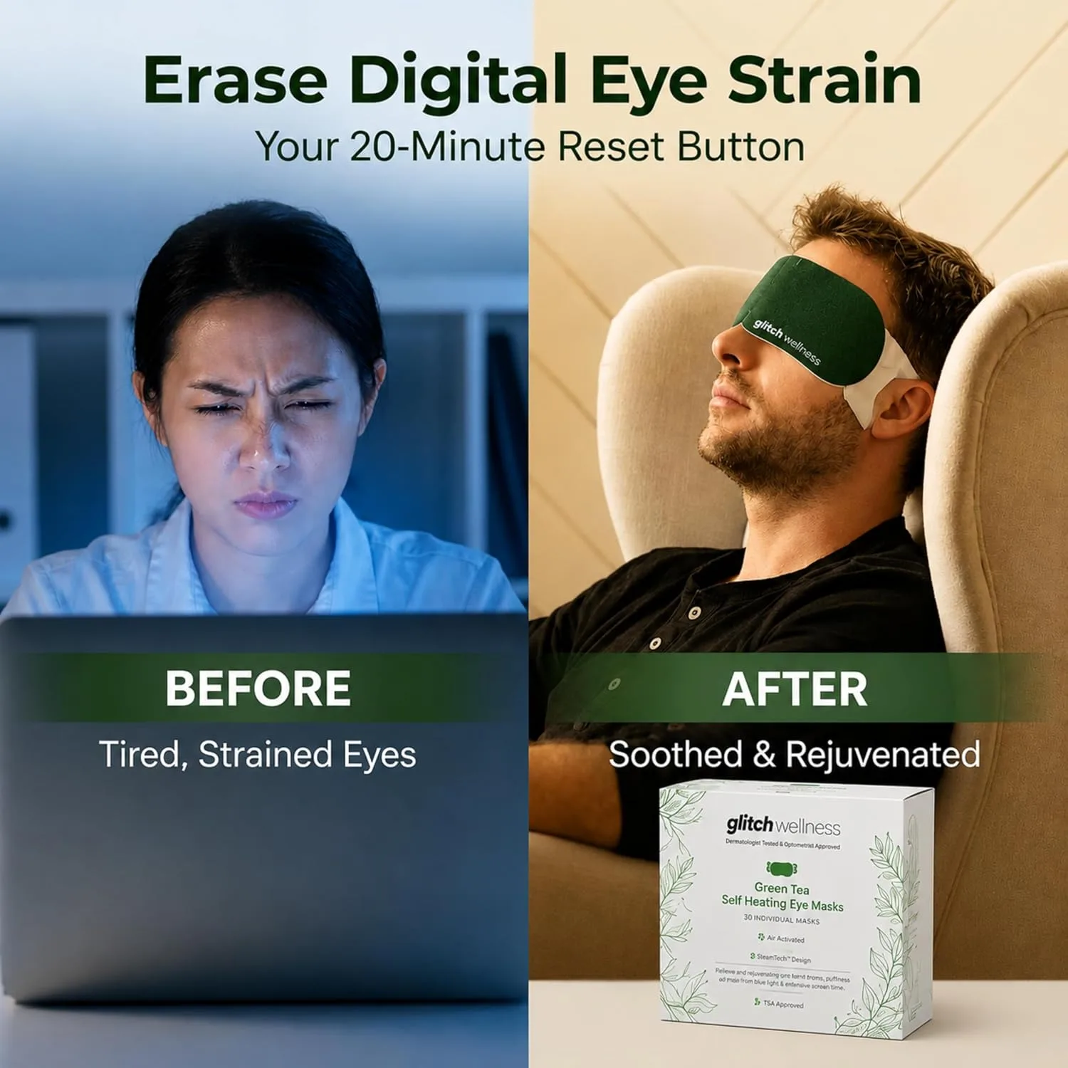 Glitch Self-Heating Steam Eye Mask - Dry Eyes & Stress Relief, Warm Moist