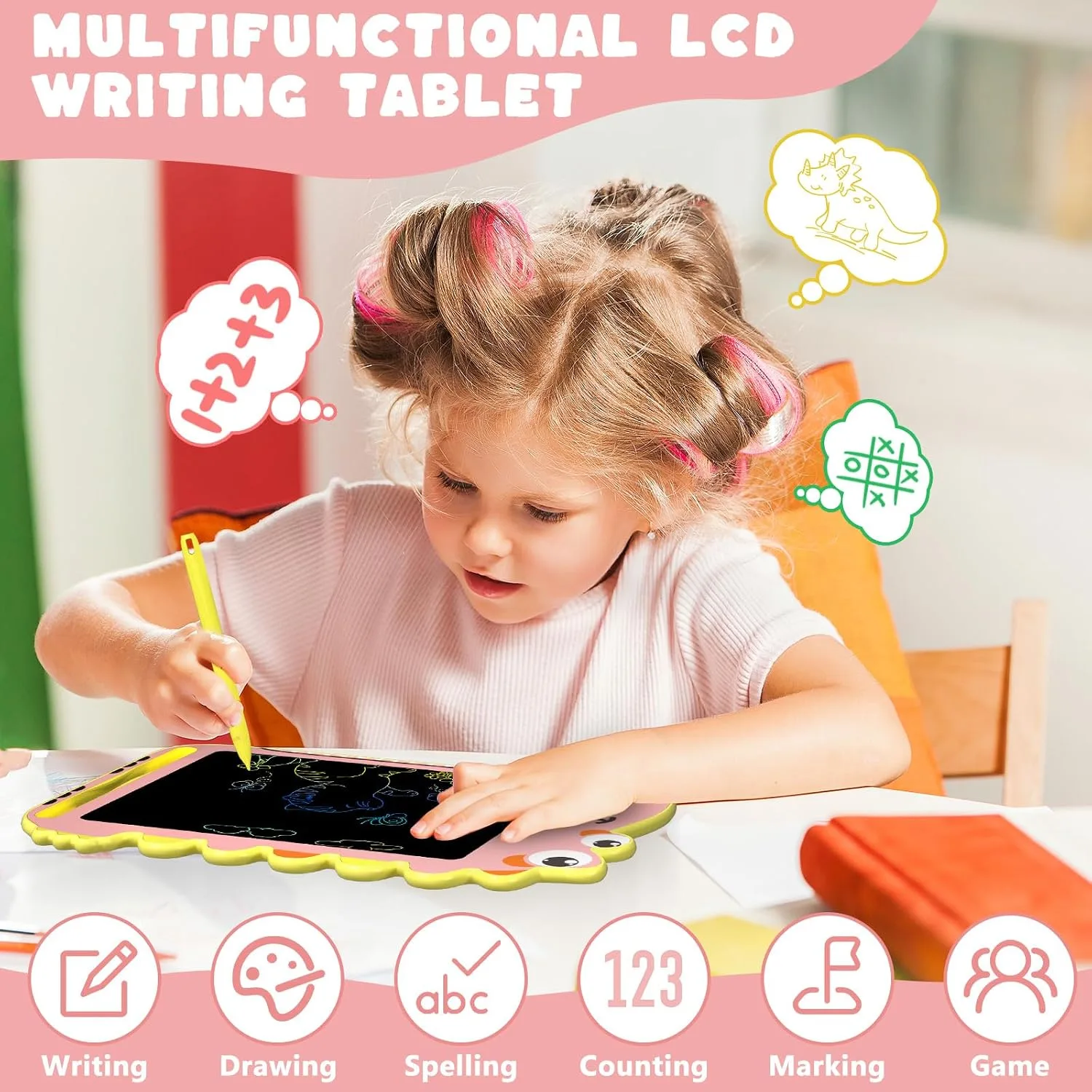 BKM LCD Writing Tablet for Kids, 8.5 Inch Colorful Doodle Board Toys, Pink