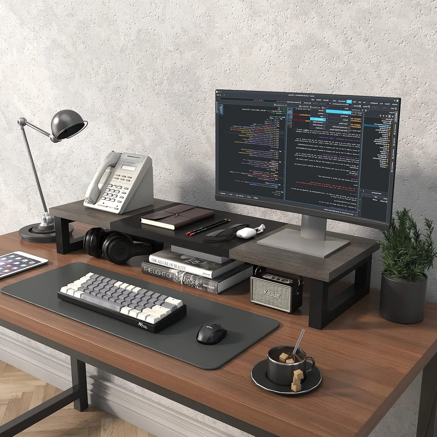 WESTREE Dual Monitor Stand Riser, Wood and Steel Monitor Stand Riser, Computer Monitor Stand for 2 Monitors, Multi-Purpose Desktop Storage Stand for Computer,Laptop,Printer,TV