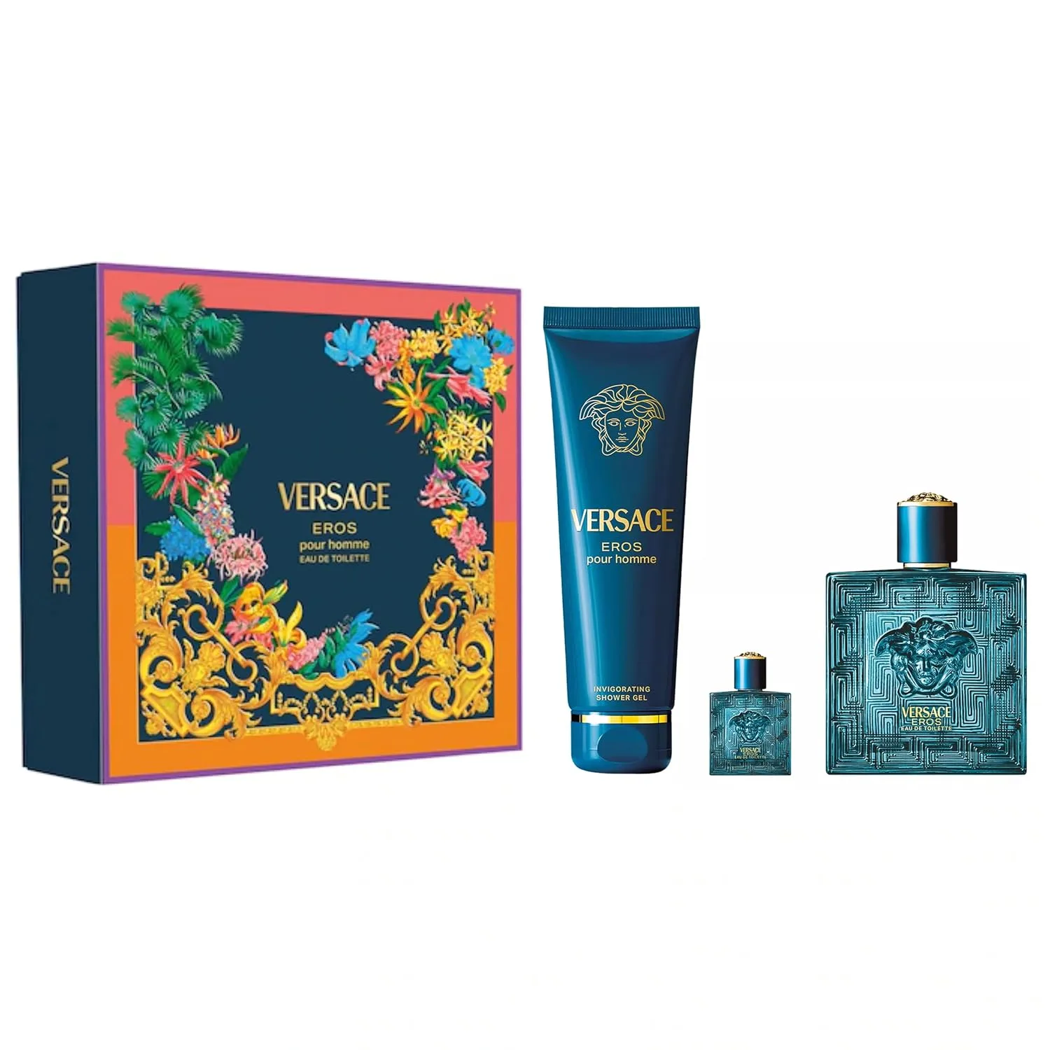 Versace Eros 3- Piece Gift Set for Men, (3.4 Oz Eau De Toilette Spray + 5.0 Oz Shower Gel + 0.16oz/5 Ml Eau De Toilette Spray)