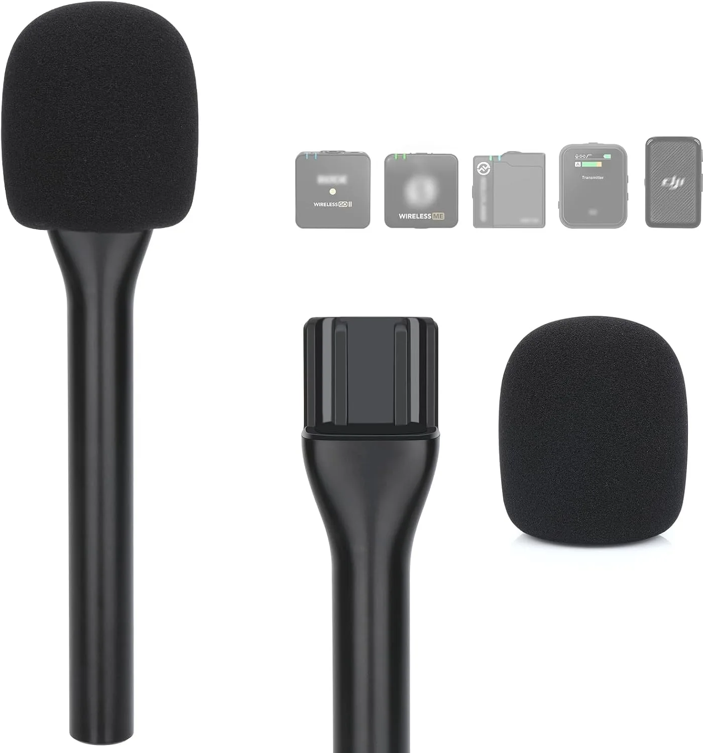Handheld Wireless Mic Stand with Foam Cover, Interview Microphone Holder Adapter Compatible with Rode Wireless GO, GO II & Wireless PRO, DJI Mic 2, Portable Grip Handle for Vlogging and Recording