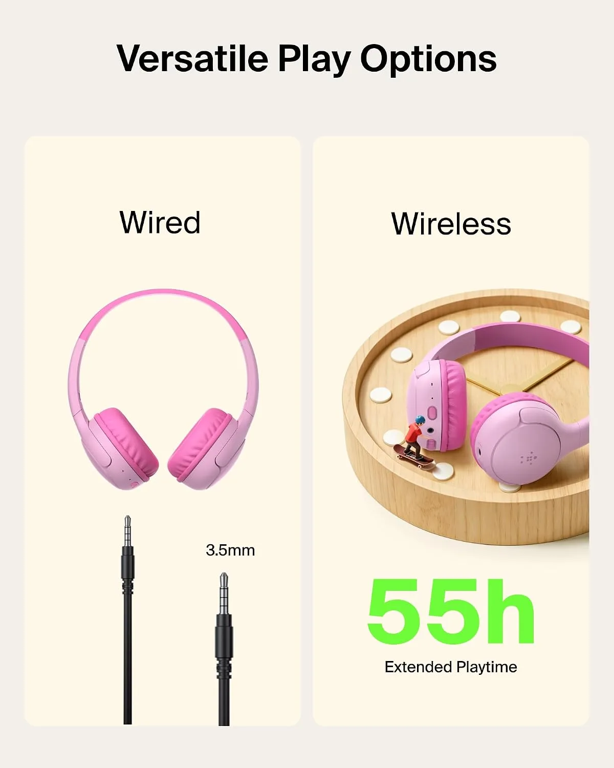 Belkin SoundForm Mini 2 Kids Headphones, Wireless & Wired, 55H Playtime