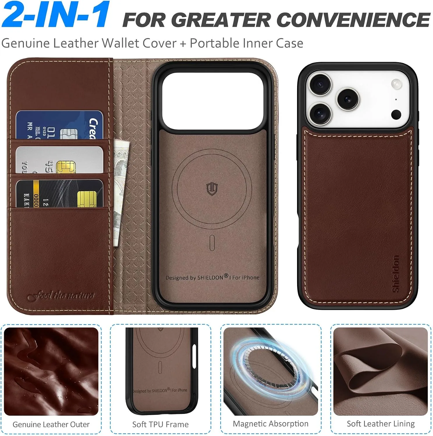 SHIELDON 2 in 1 Wallet Case for iPhone 18 Pro Max/17 Pro Max, Retro Coffee