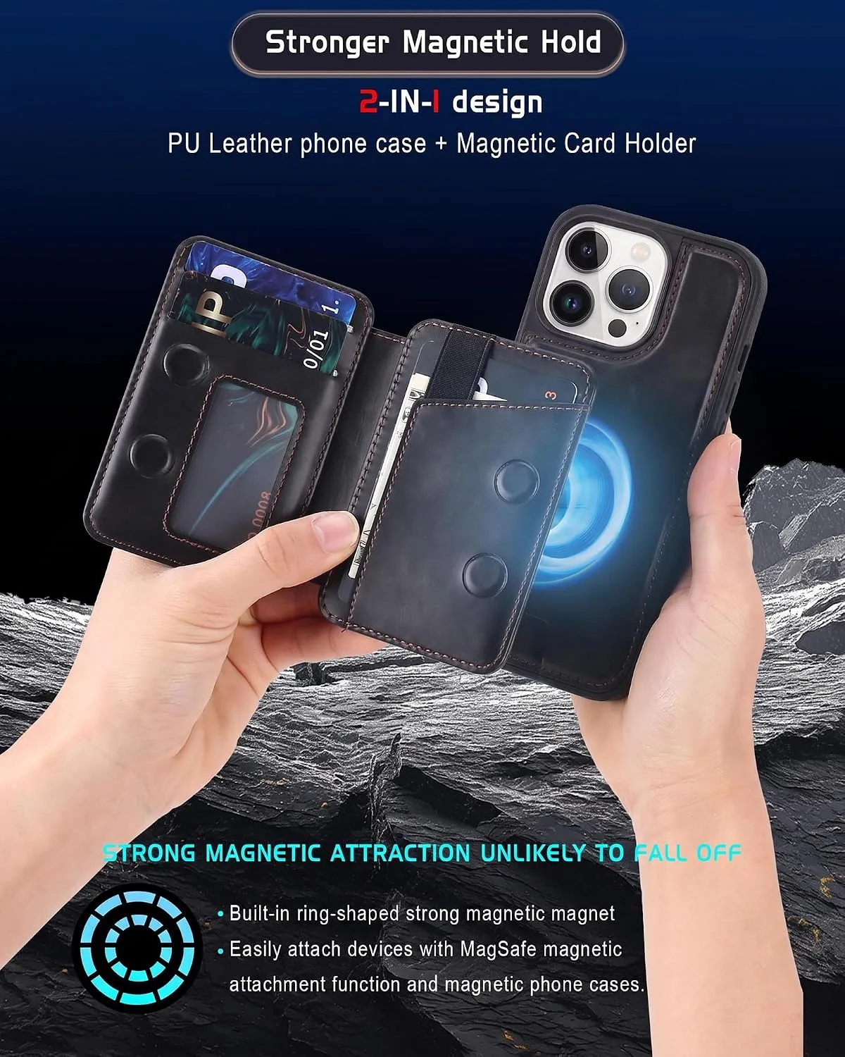 Magnetic Detachable Wallet Case for iPhone 16 Pro with Kickstand,2-in-1 MagSafe Compatible RFID Blocking Card Holder,Slim PU Leather Cover Black