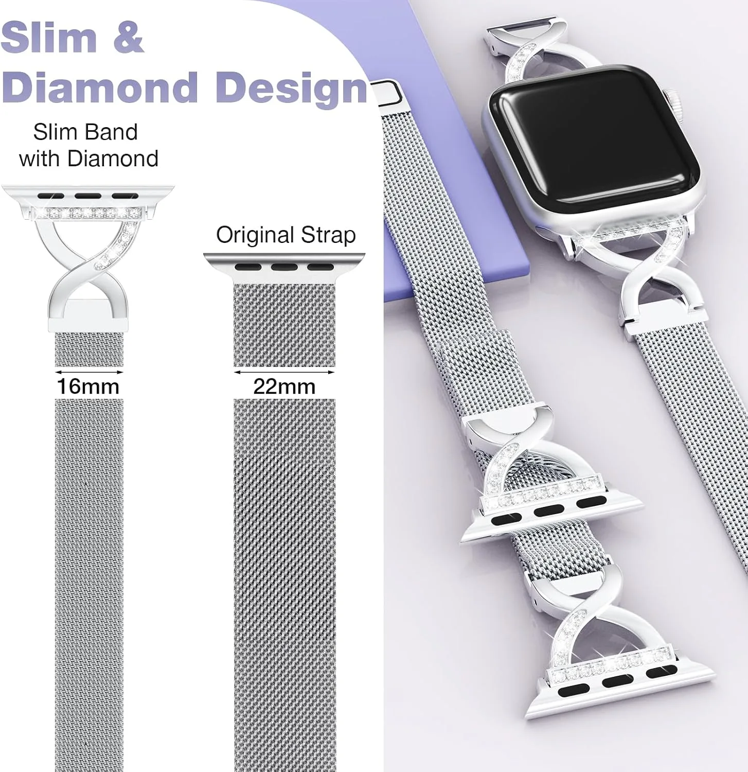 Thin Mesh Loop with X-Shape Clasp Compatible with Apple Watch Bands Women