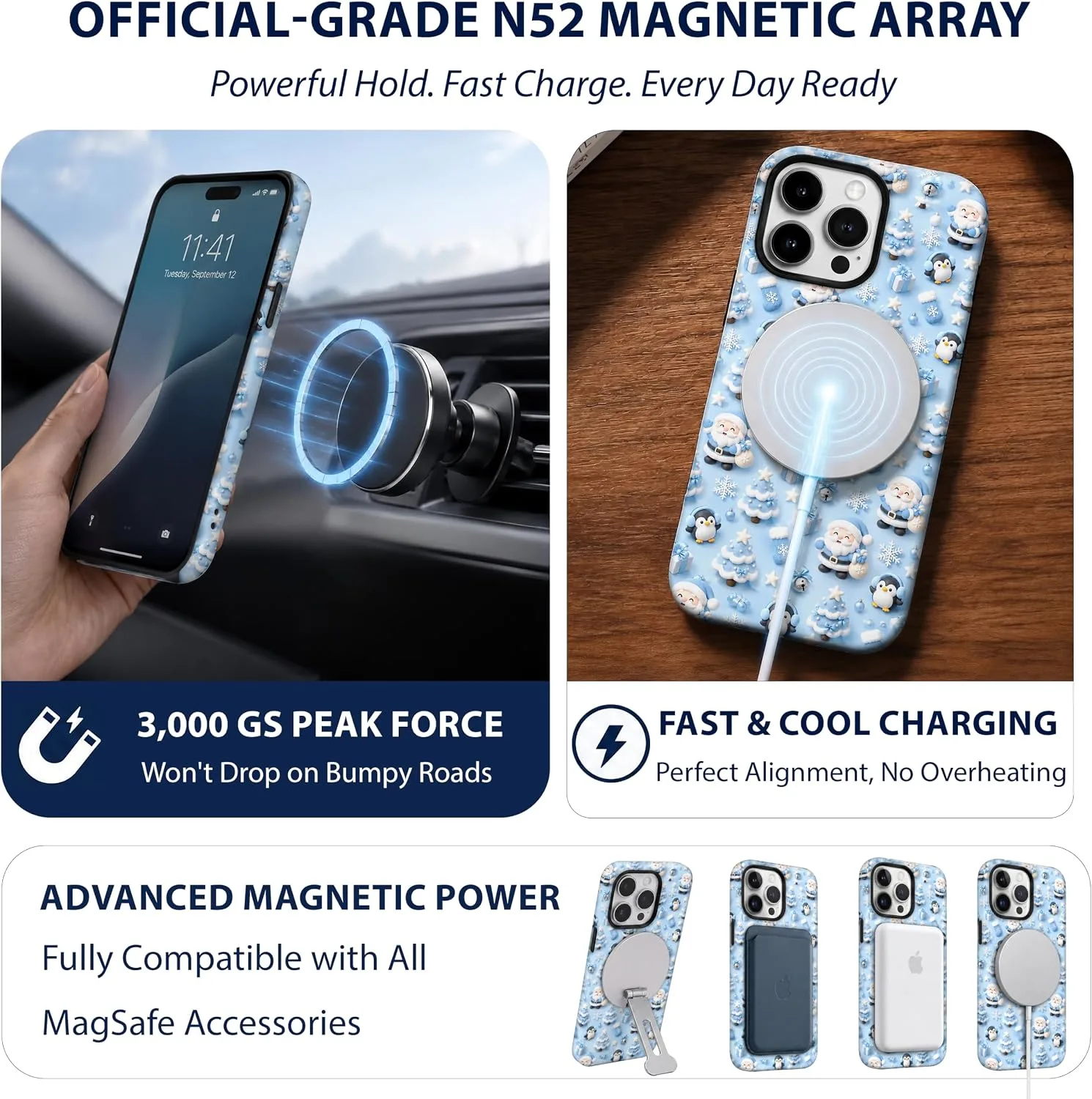 Magnetic for iPhone 15 Pro Baby Blue Phone Case, Cute Christmas