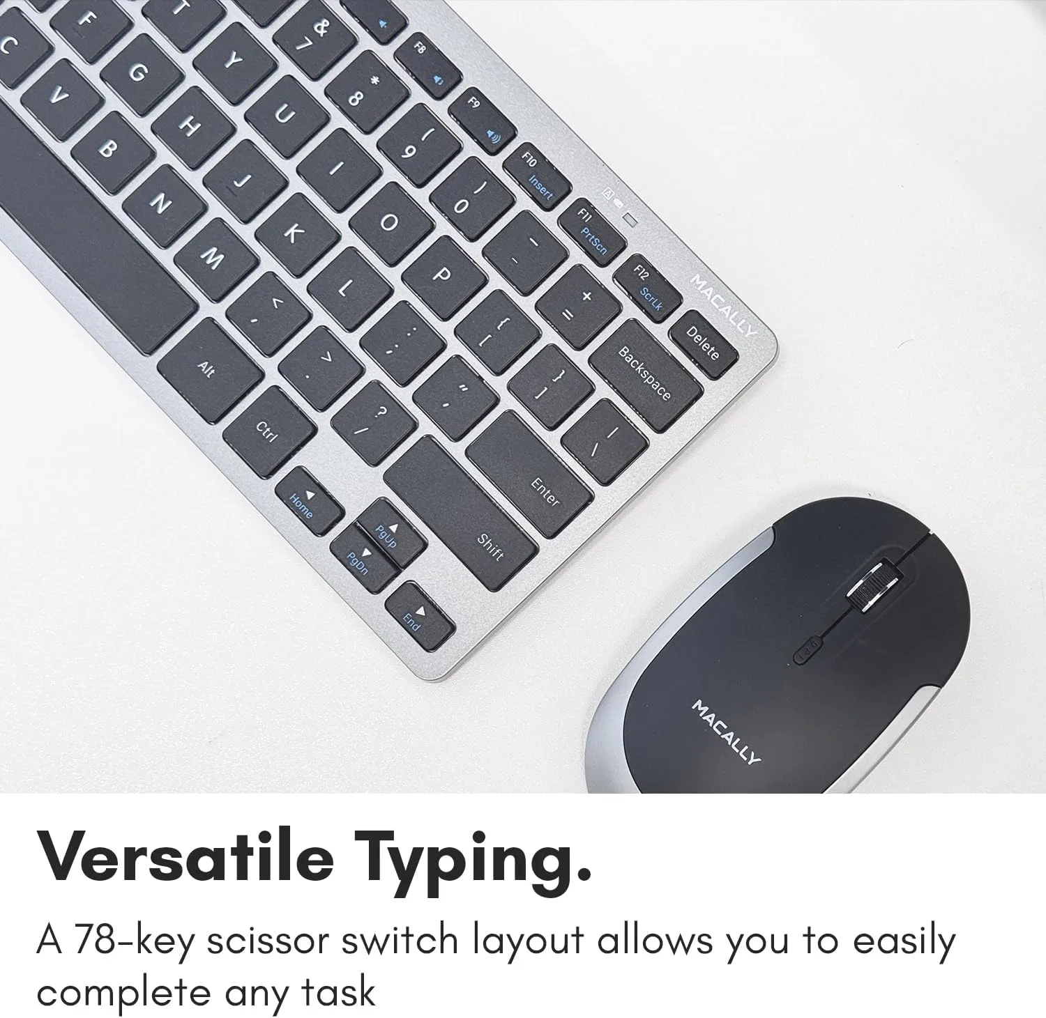 Macally Small Wireless Keyboard | Mini Keyboard for PC - Slim, Quiet & Portable for Laptop, Desktop PC, Surface, Chromebook - Space Gray