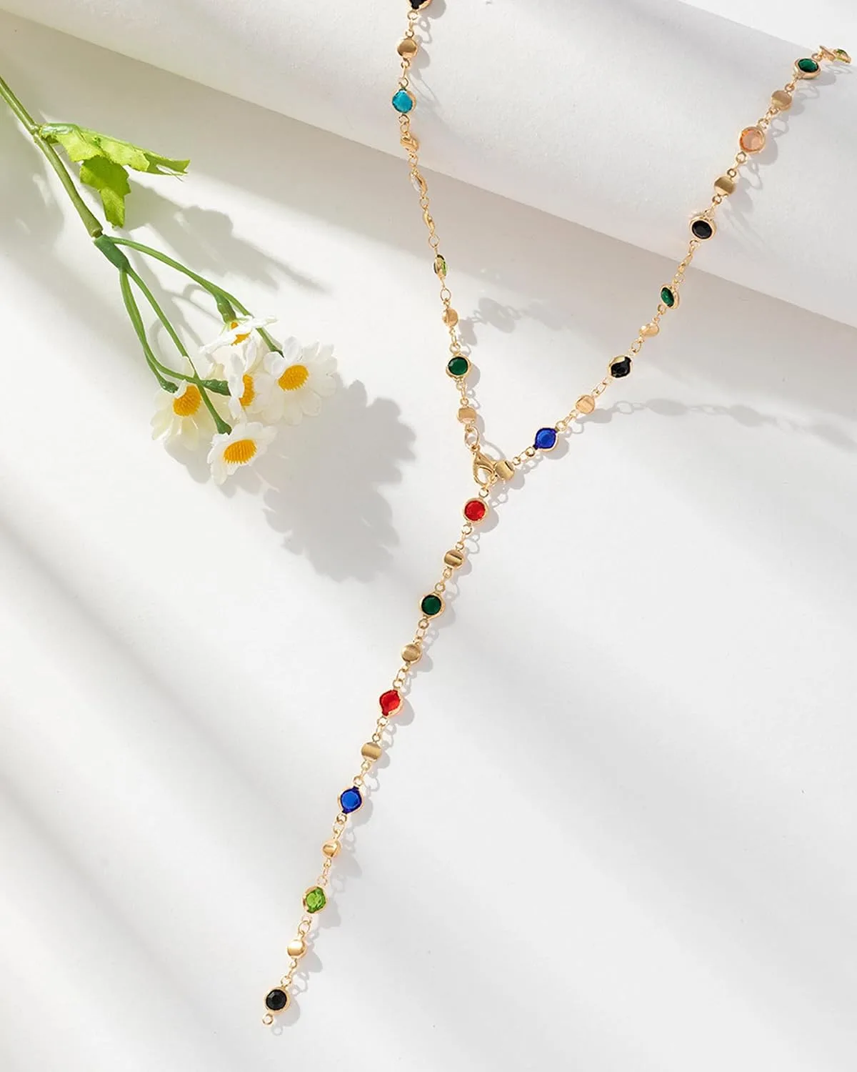 Colorful Y Shaped Necklace for Women Trendy Long Multi Color Crystal Lariat Necklace Sparkly Gemstone Chest Chain Summer Deep V-Neck Dress Outfits Jewelry Accessories