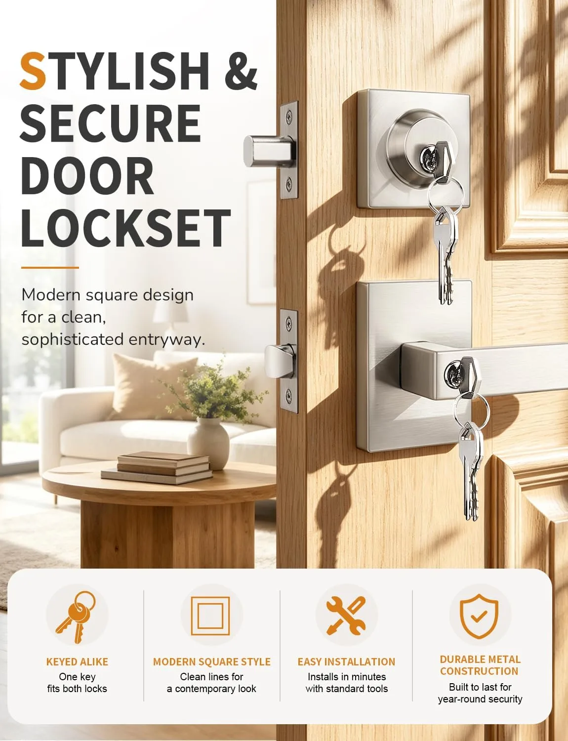 Probrico Square Front Door Lock Set Exterior 2 Pack, Entry Door Handles and Single Cylinder Deadbolts Same Keys, Door Locksets Reversible for Right and Left in Brushed Nickel Finish