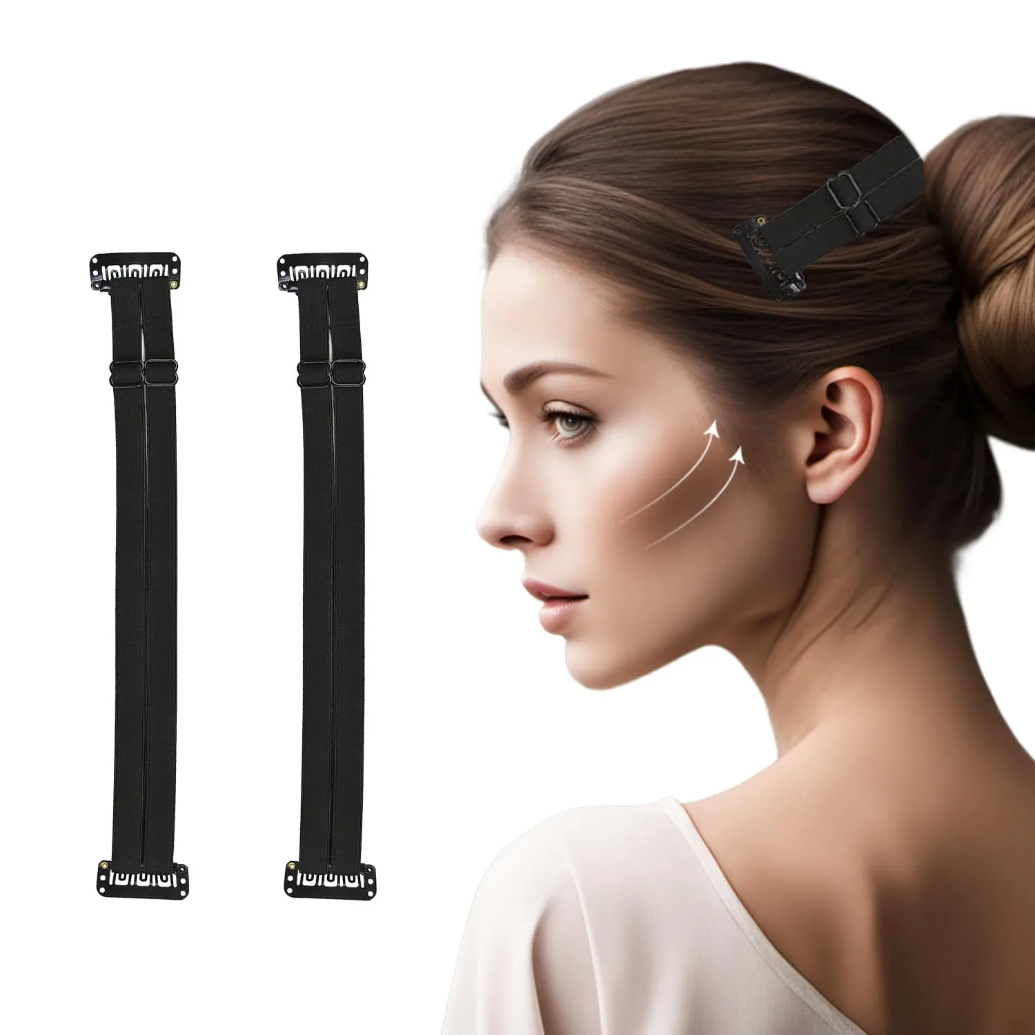 2 Pcs Facelift Bands with Clips Invisible Face Stretching Lifting Strap Adjustable Elastic Band Face Slimming Band (24cm Black Double Bands)