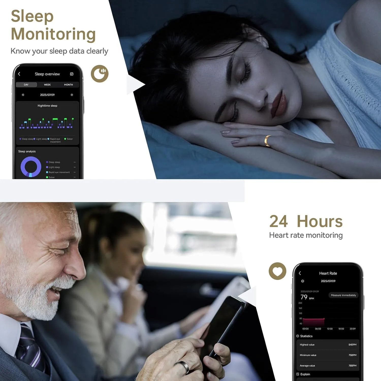 Smart Ring for Women & Men, Fitness Tracker with Heart Rate, Blood Oxygen, Sleep Monitoring, Long-Lasting Battery, No Subscription, IP68 Waterproof (Rose Gold, #7)